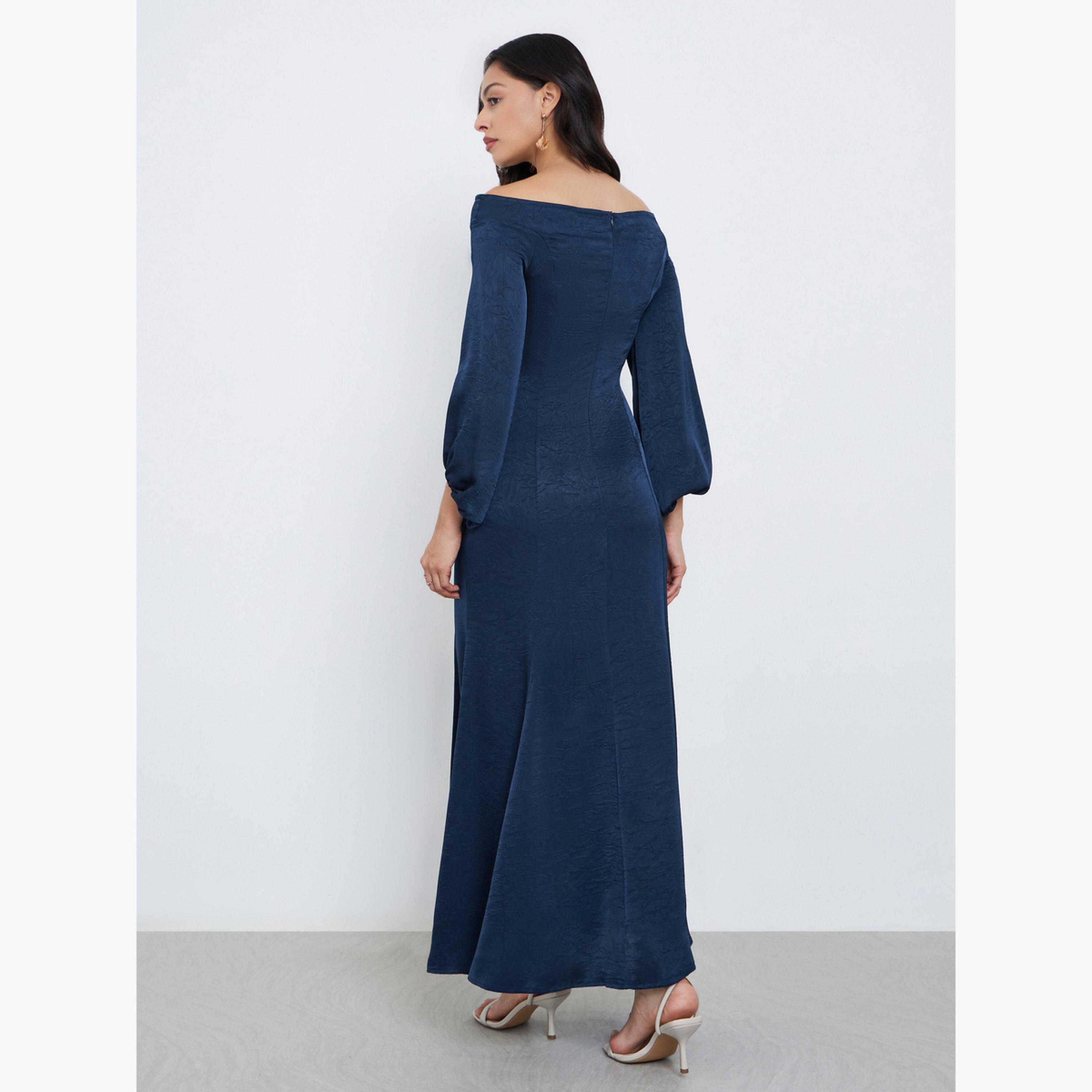 Styli Navy Blue Off Shoulder Maxi Evening Dress-women-clothing-dresses-image-4