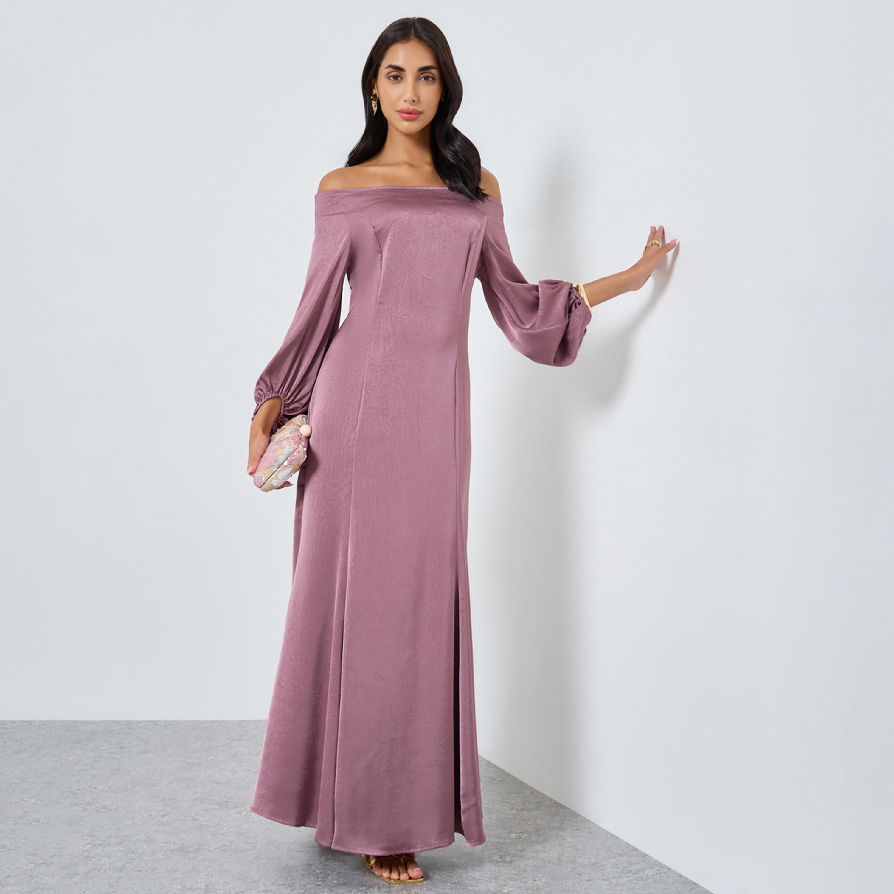 ستايلي - فستان سهرة ماكسي وردي مكشوف الكتفين-women-clothing-dresses-image-1