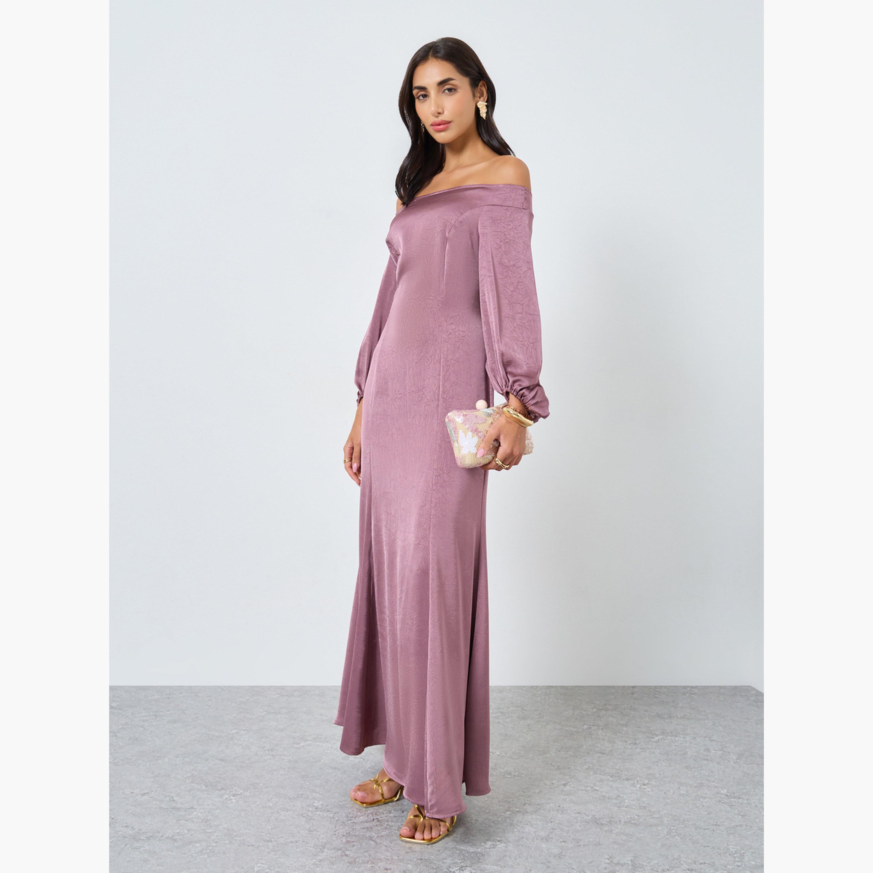 ستايلي - فستان سهرة ماكسي وردي مكشوف الكتفين-women-clothing-dresses-image-2