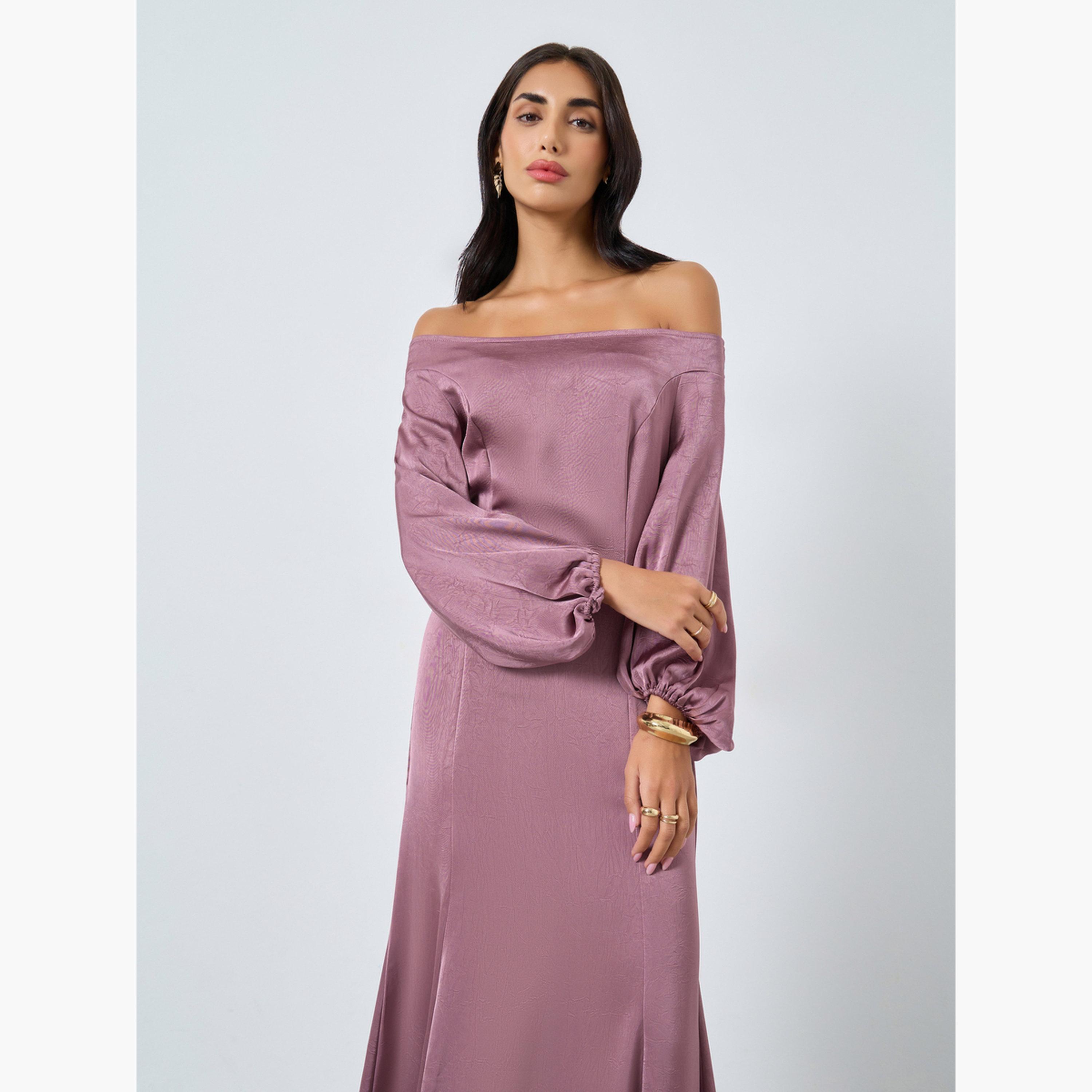 ستايلي - فستان سهرة ماكسي وردي مكشوف الكتفين-women-clothing-dresses-image-3