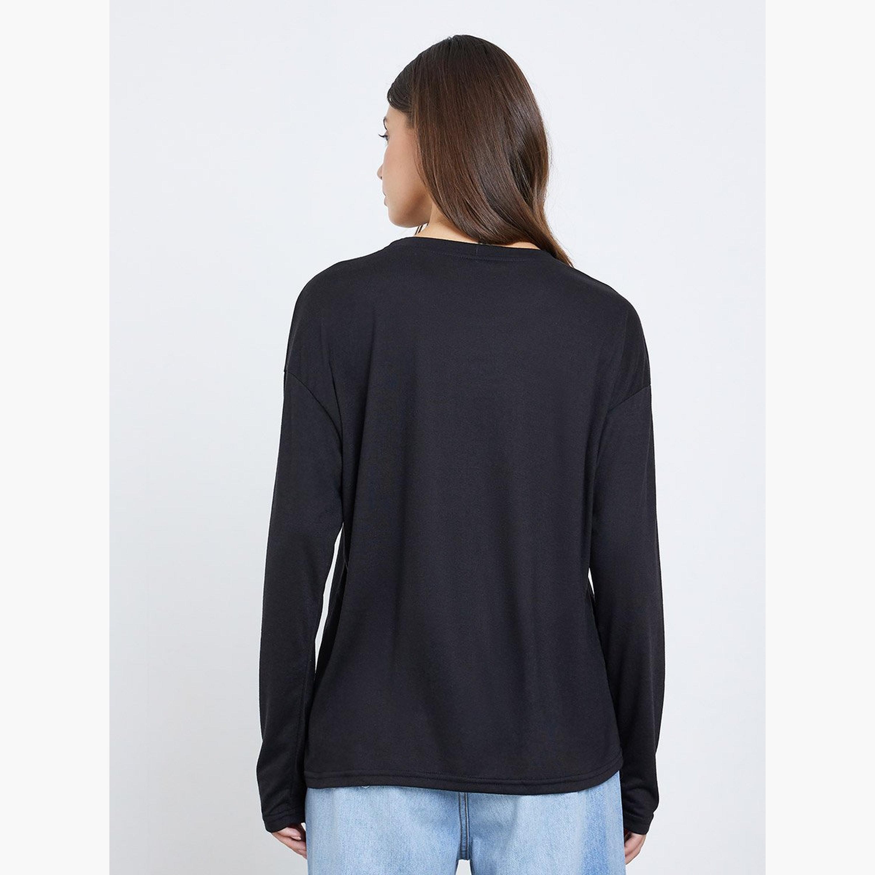 تيك تو - تي شيرت للنساء أسود مطرز بأكمام طويلة-women-clothing-tshirts-image-4