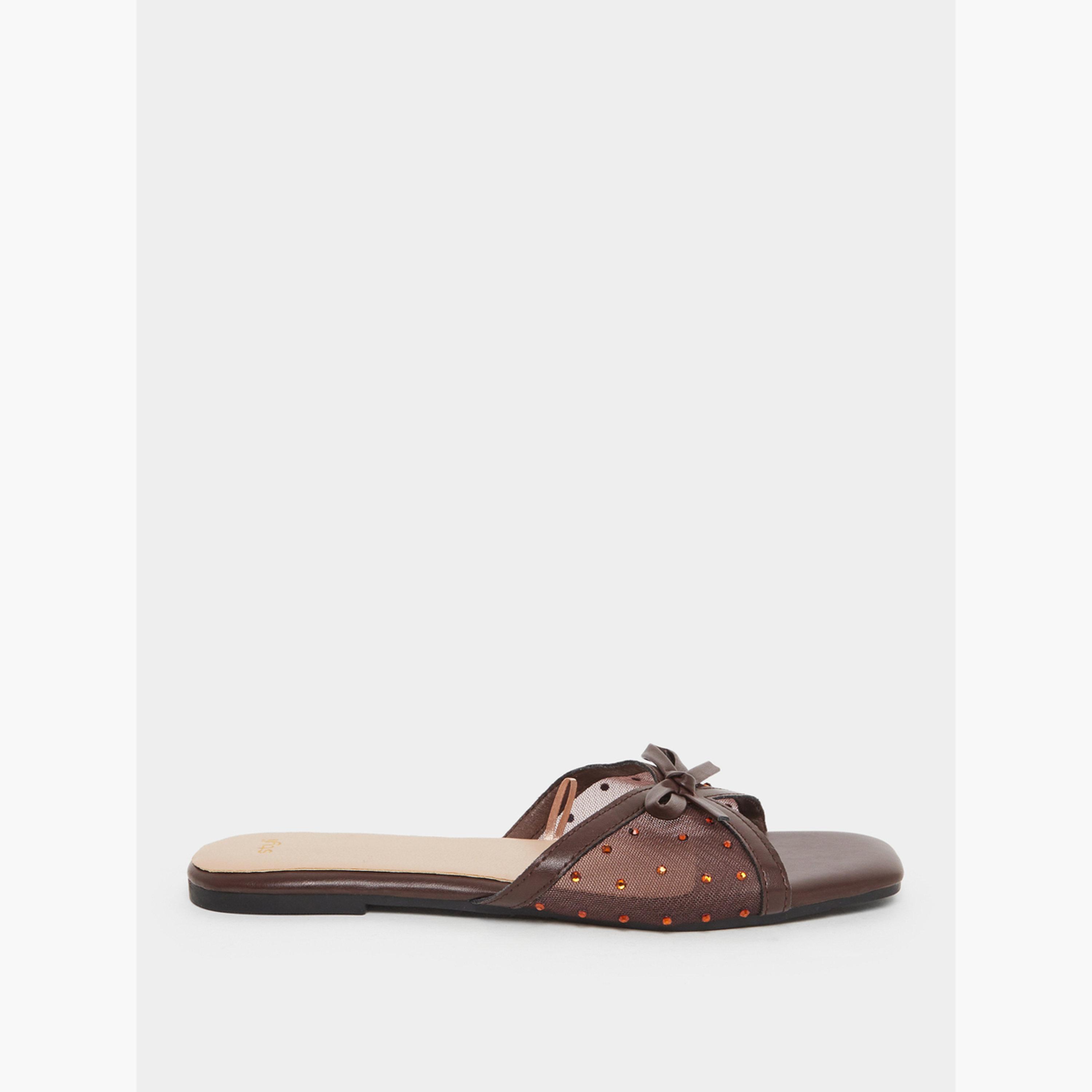 ستايلي - صندل مسطح شبكي مرصع باللون البني للنساء-women-shoes-sandals-flats-image-3