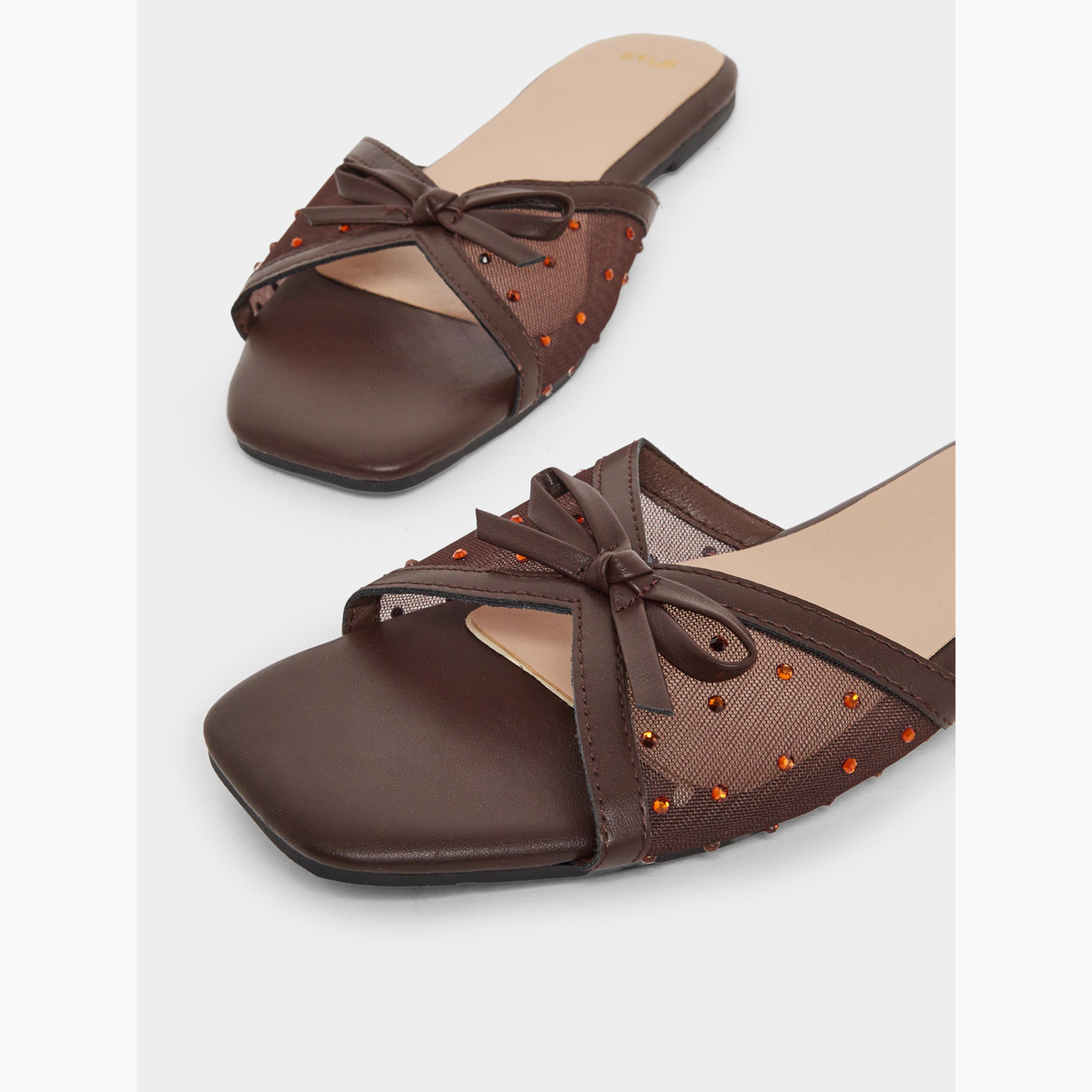 Styli Women Brown Studded Mesh Flat Sandals-women-shoes-sandals-flats-image-4