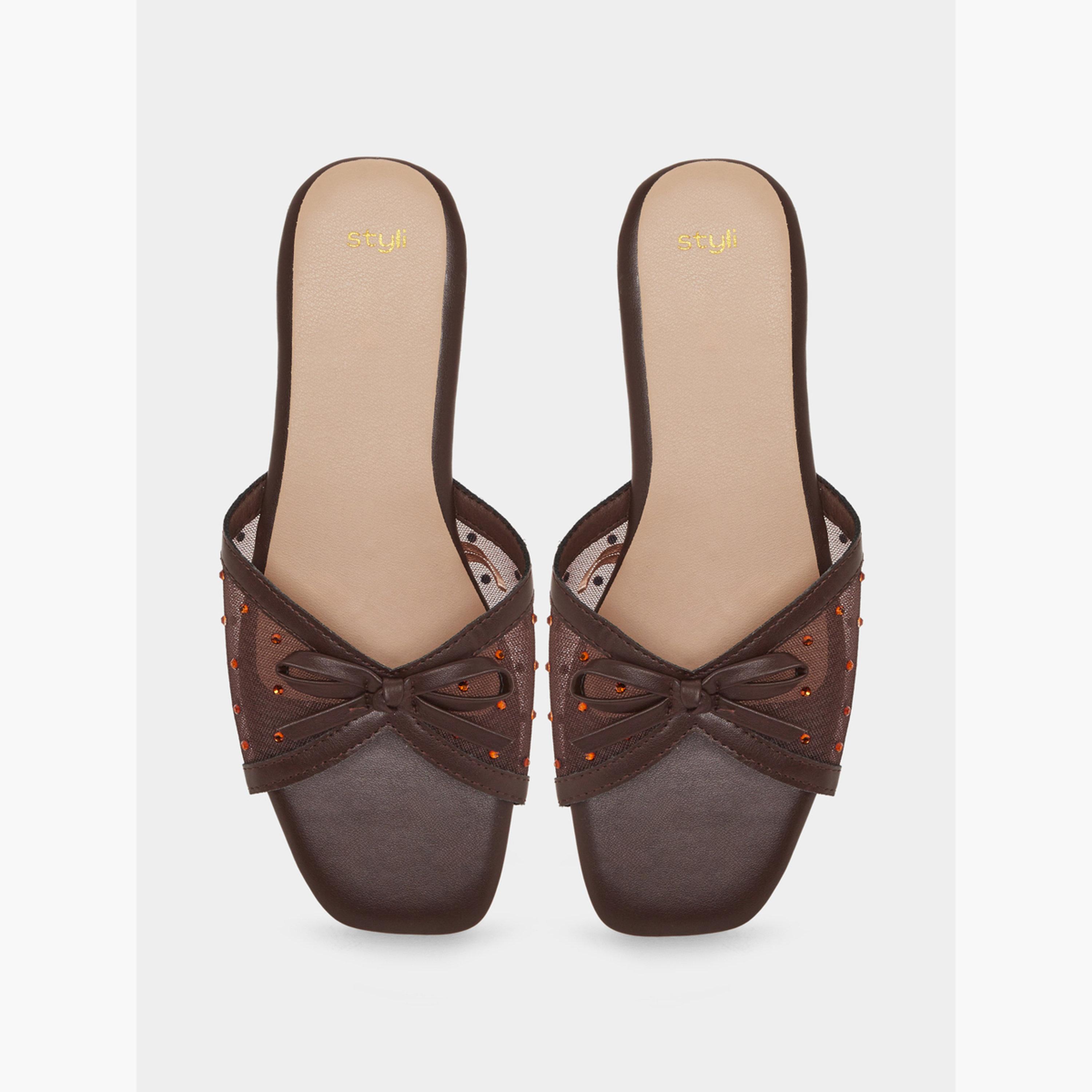 ستايلي - صندل مسطح شبكي مرصع باللون البني للنساء-women-shoes-sandals-flats-image-6