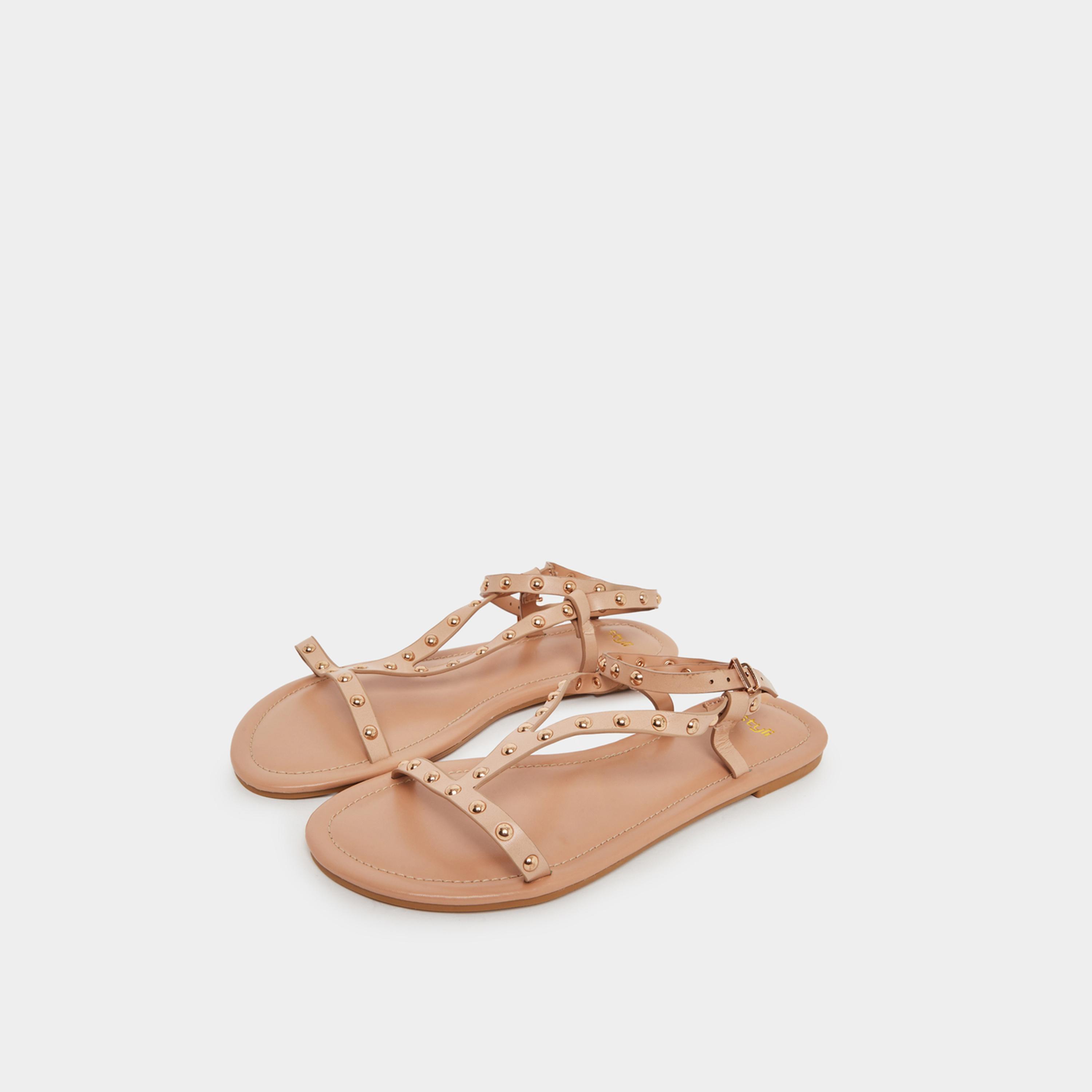Styli Studded Ankle Starp Flat Sandals-women-shoes-sandals-flats-image-1