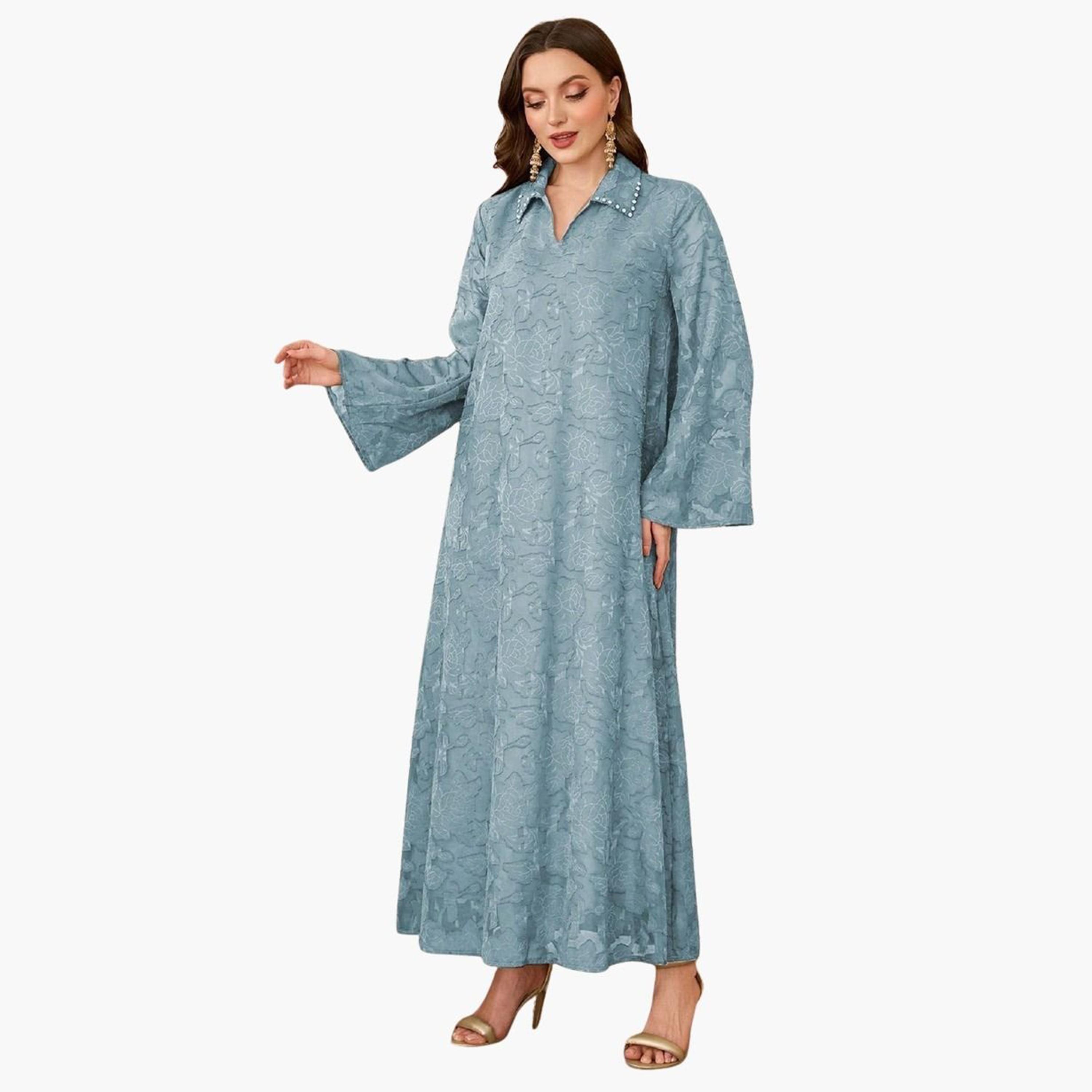 Take Two Blue Jacquard Embellished Collar Jalabiya-women-arabicclothing-jalabiyas-image-1