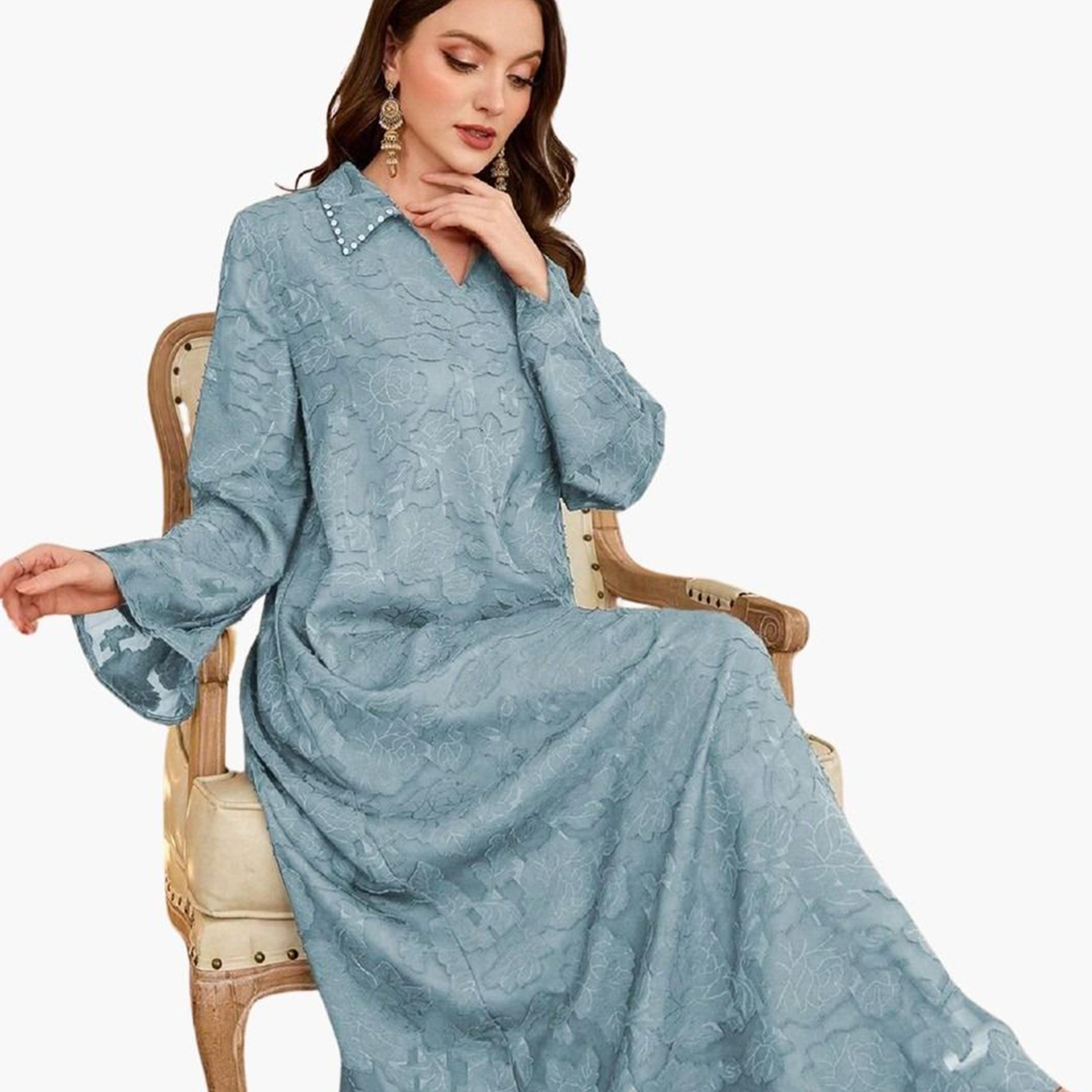 تيك تو - جلابية زرقاء مزينة بياقة جاكار-women-arabicclothing-jalabiyas-image-4