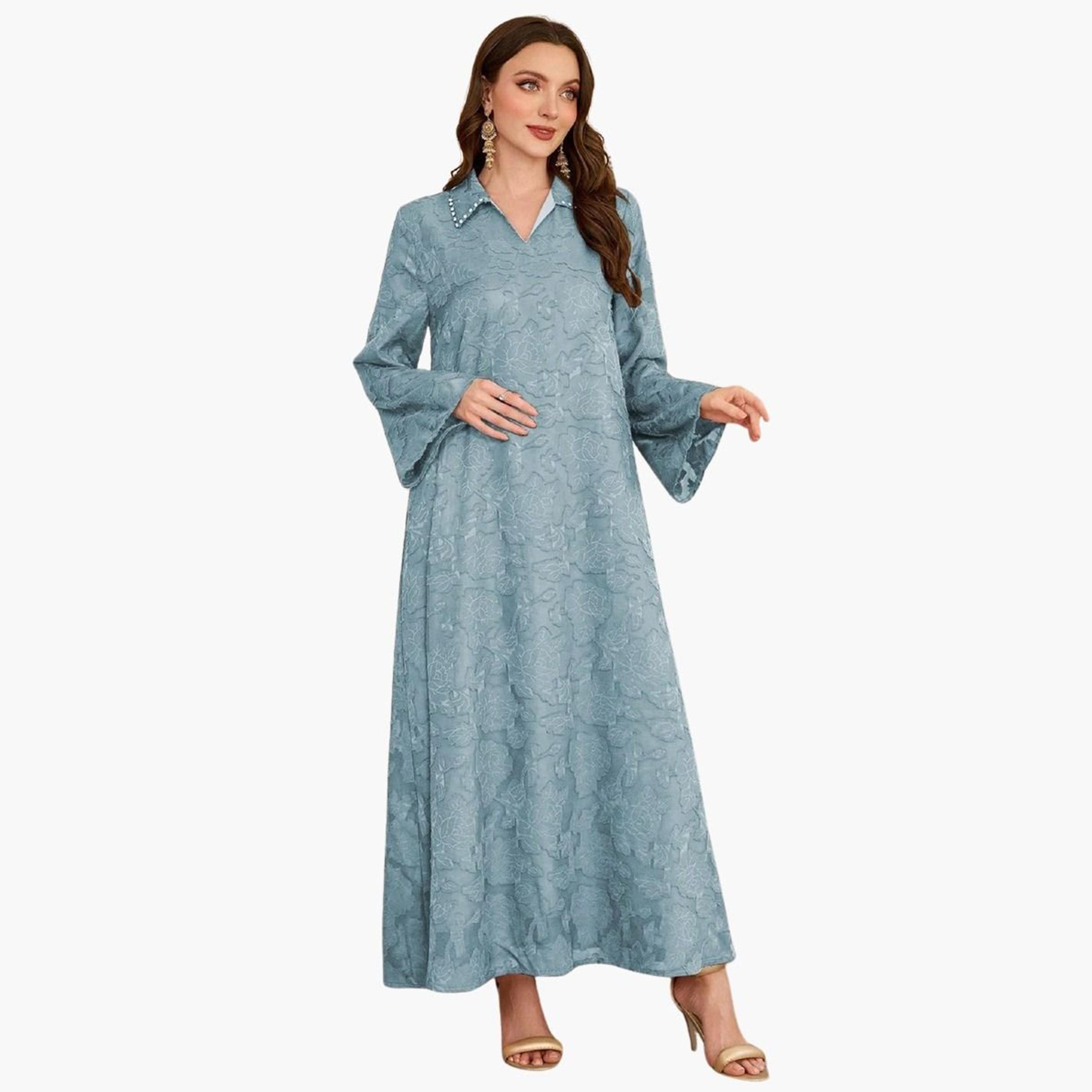 Take Two Blue Jacquard Embellished Collar Jalabiya-women-arabicclothing-jalabiyas-image-5