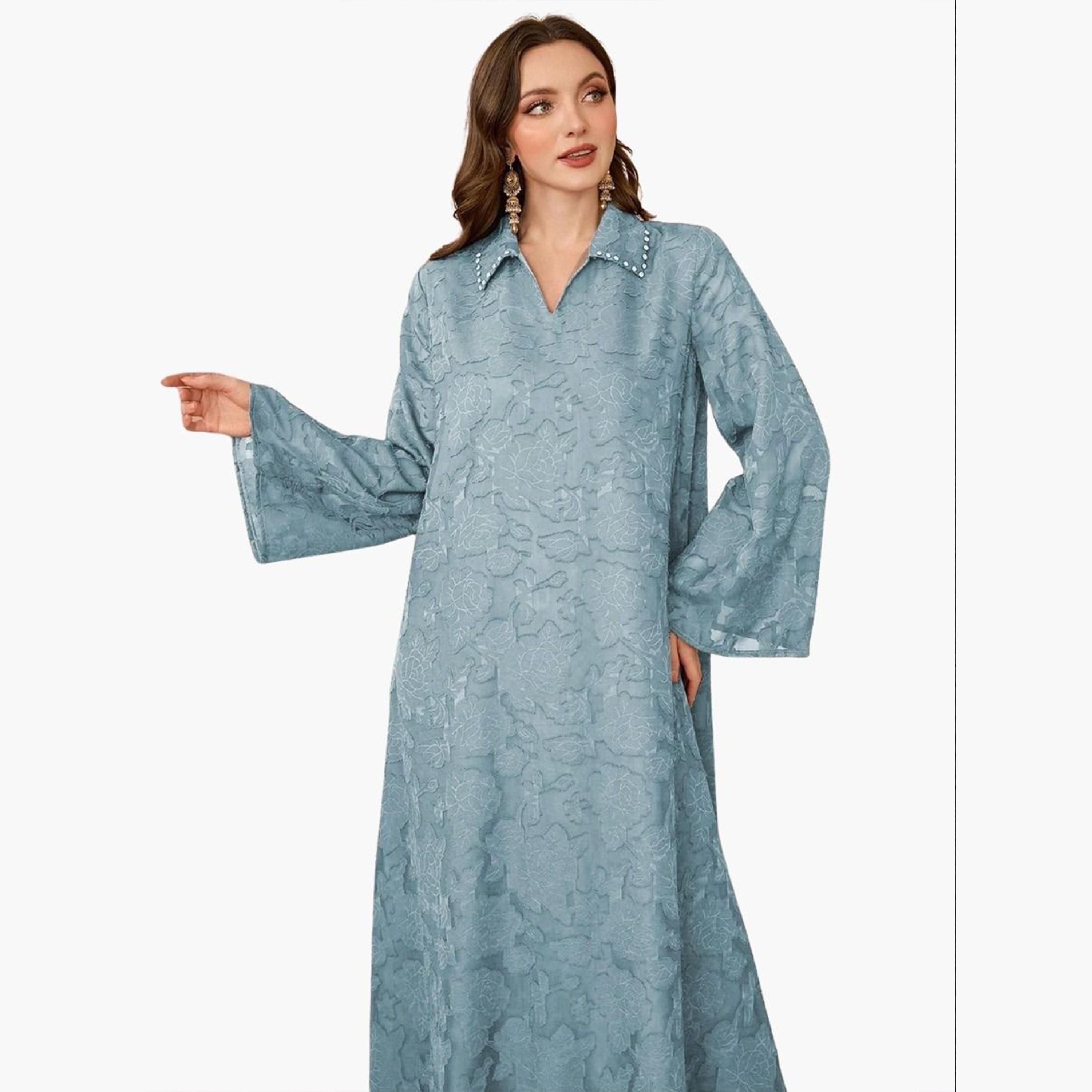 Take Two Blue Jacquard Embellished Collar Jalabiya-women-arabicclothing-jalabiyas-image-6
