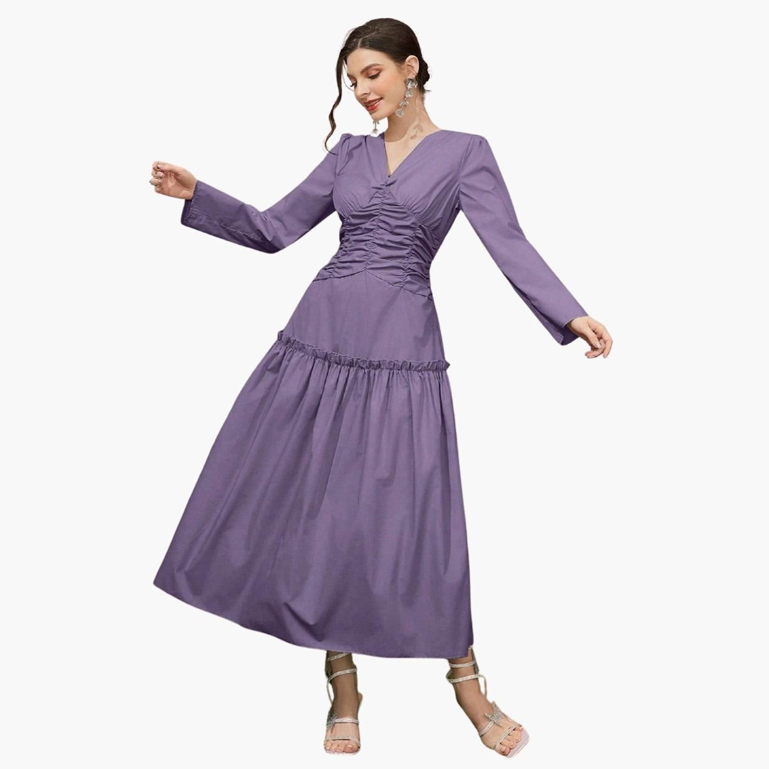 تيك تو - فستان ماكسي أرجواني بجزء أمامي مكشكش-women-clothing-dresses-image-1