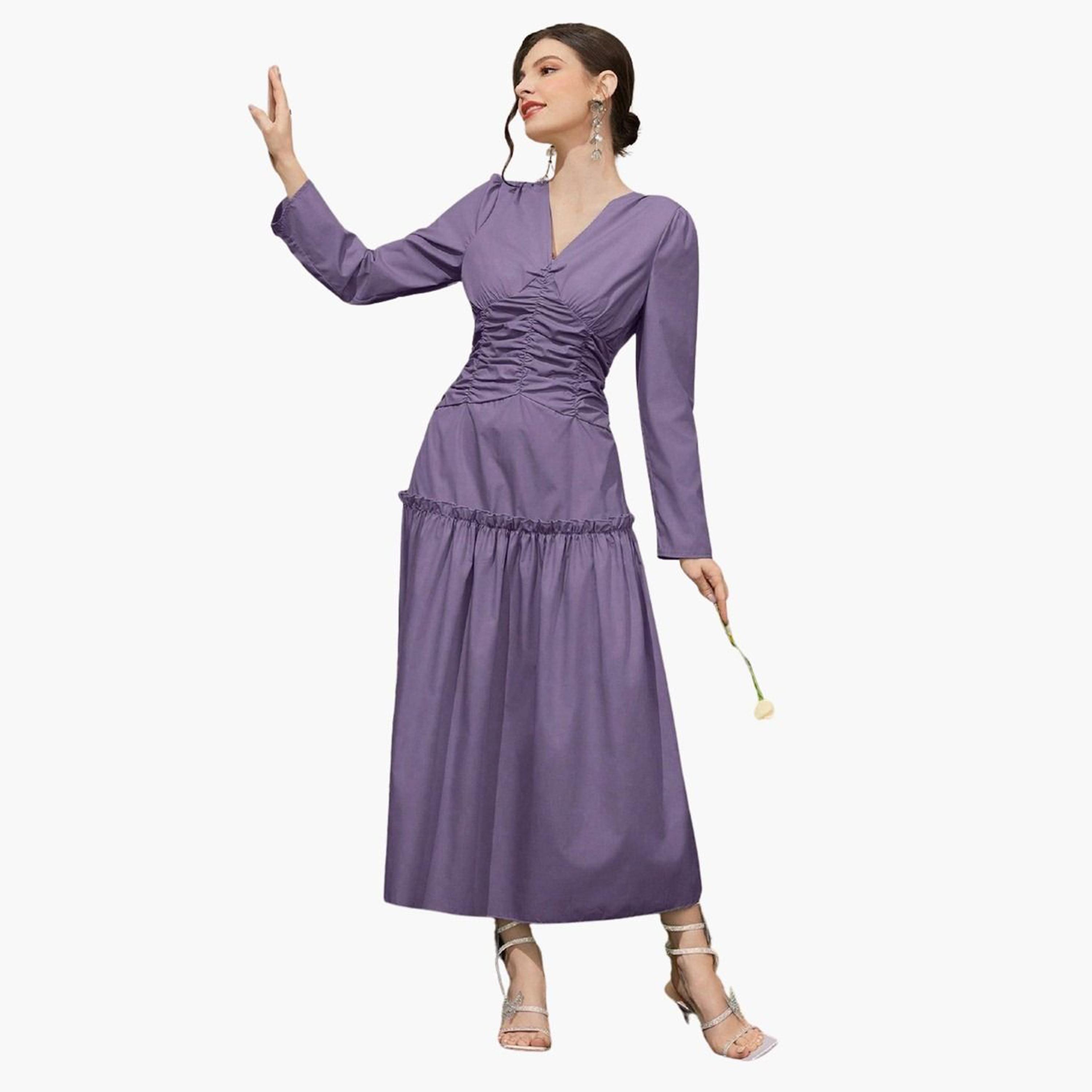 تيك تو - فستان ماكسي أرجواني بجزء أمامي مكشكش-women-clothing-dresses-image-2