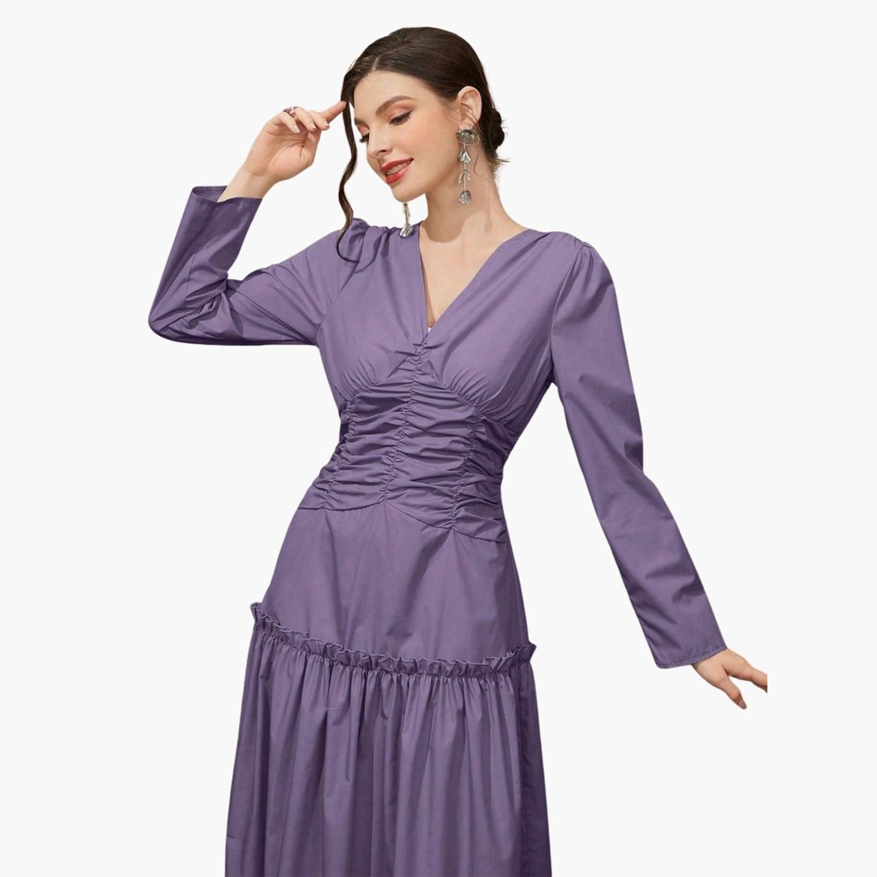 تيك تو - فستان ماكسي أرجواني بجزء أمامي مكشكش-women-clothing-dresses-image-4