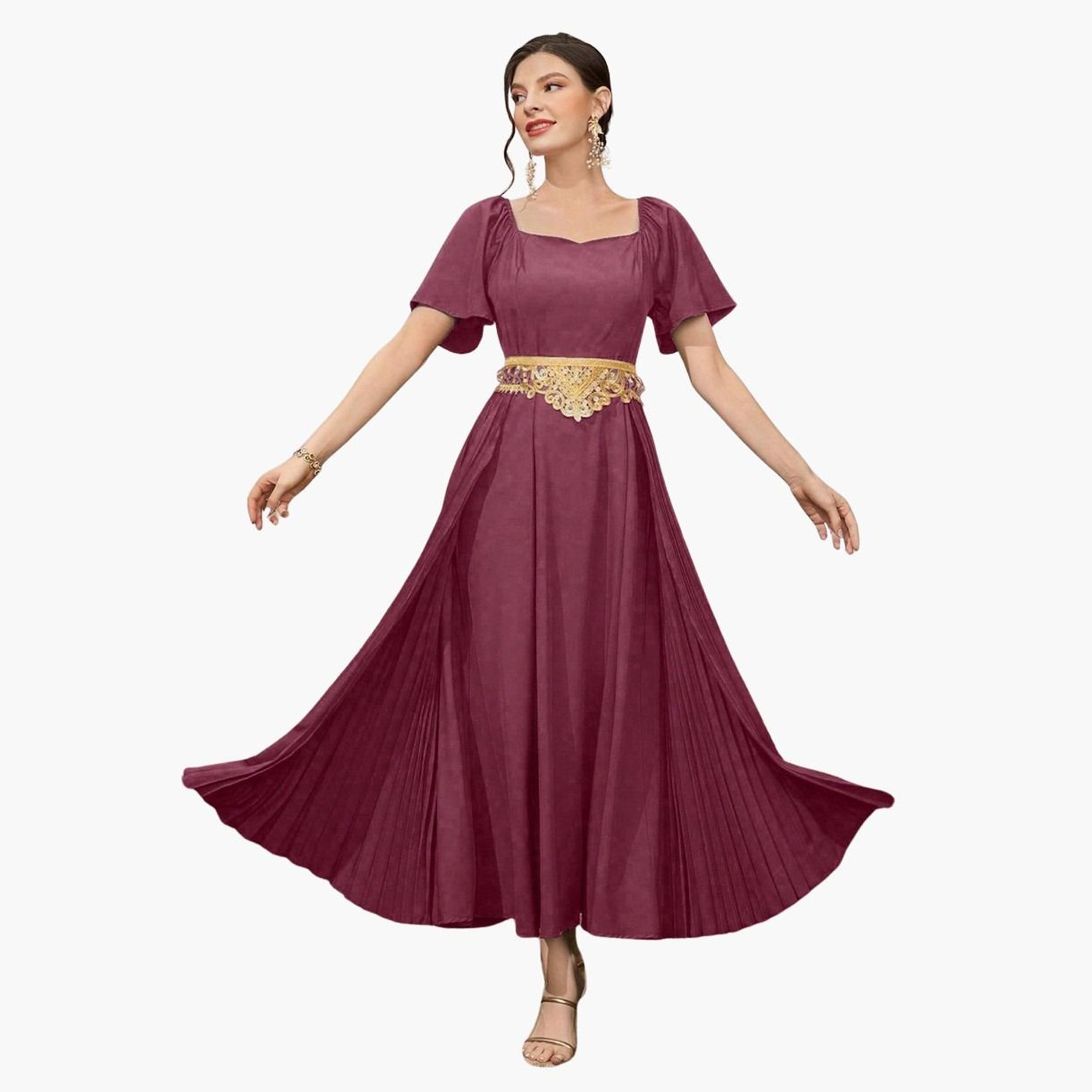 تيك تو - فستان ماكسي برغندي بفتحة صدر على شكل قلب-women-clothing-dresses-image-1