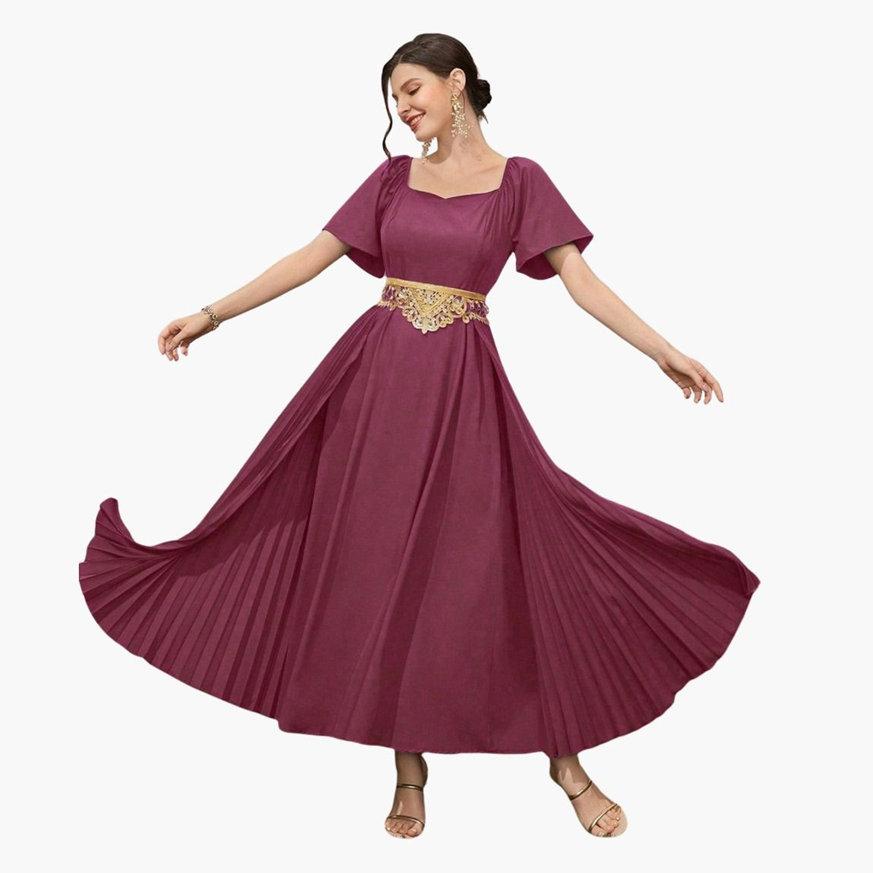 تيك تو - فستان ماكسي برغندي بفتحة صدر على شكل قلب-women-clothing-dresses-image-3