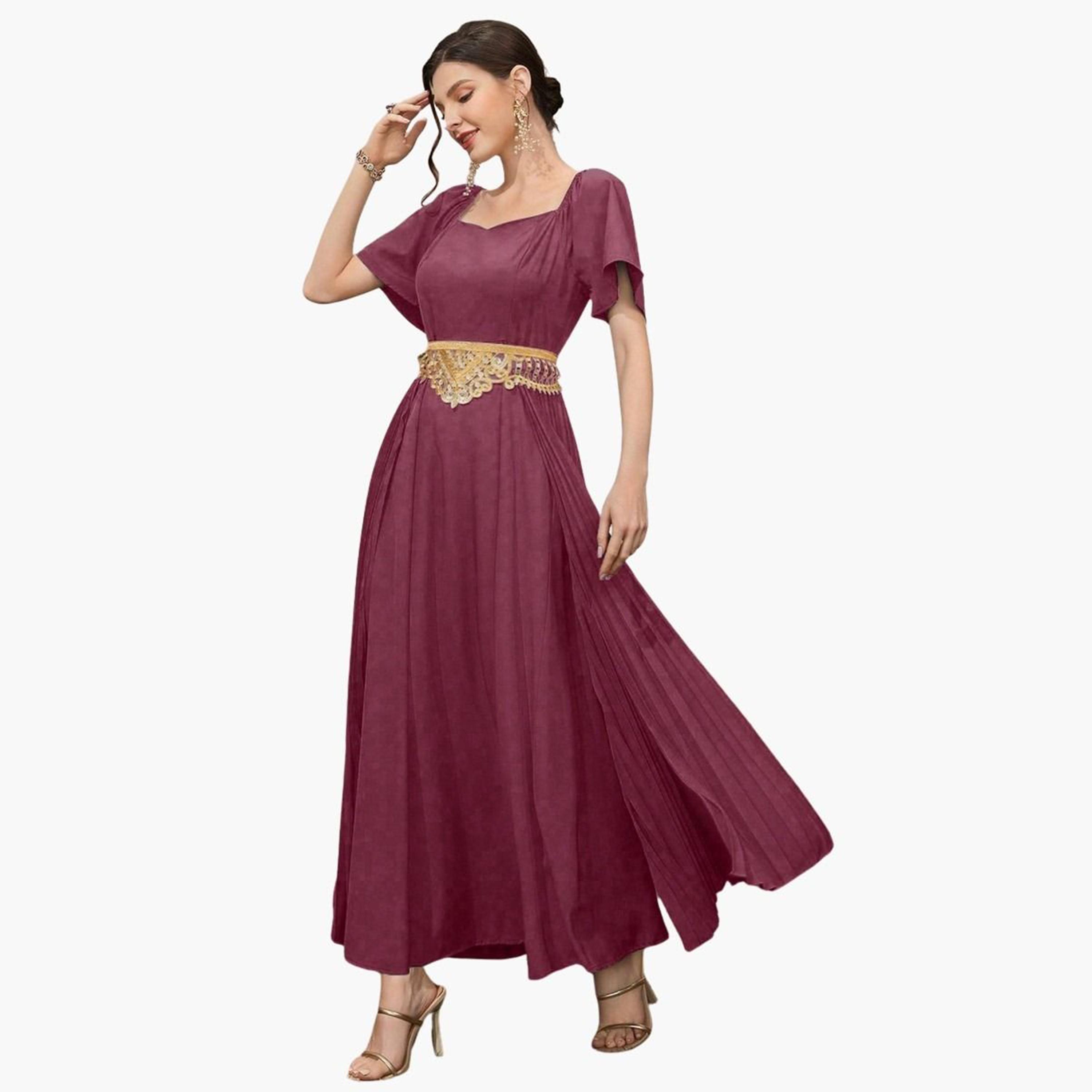 تيك تو - فستان ماكسي برغندي بفتحة صدر على شكل قلب-women-clothing-dresses-image-5