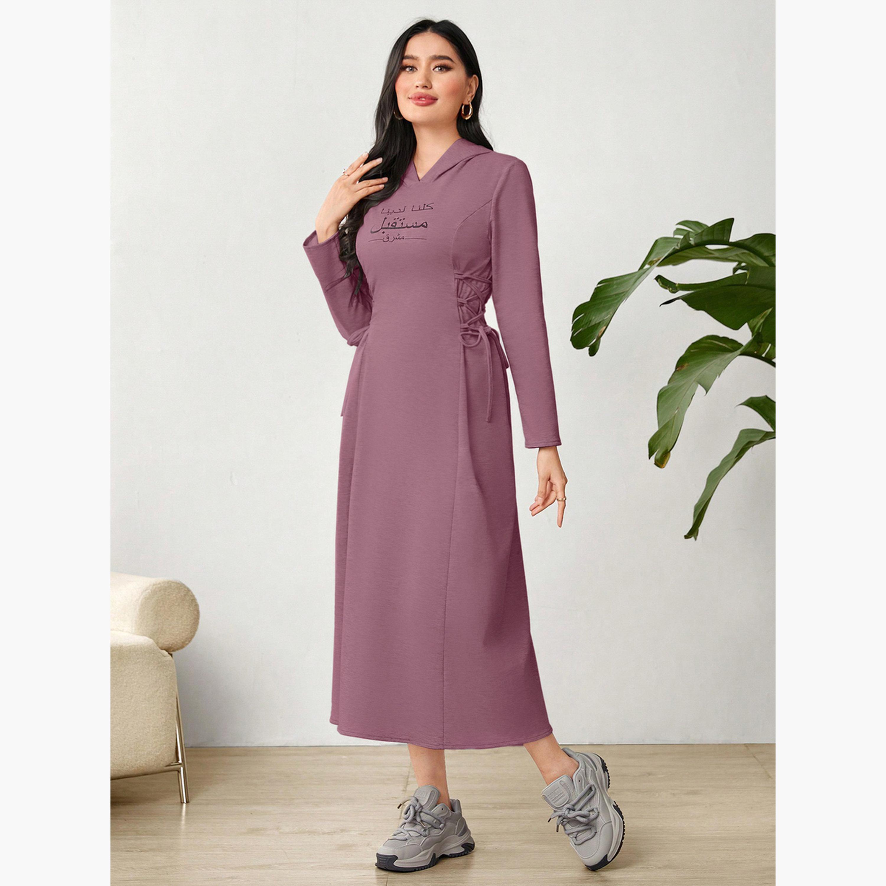 تيك تو - فستان أرجواني متوسط ​​الطول بغطاء رأس وتفاصيل رباط-women-clothing-dresses-image-1