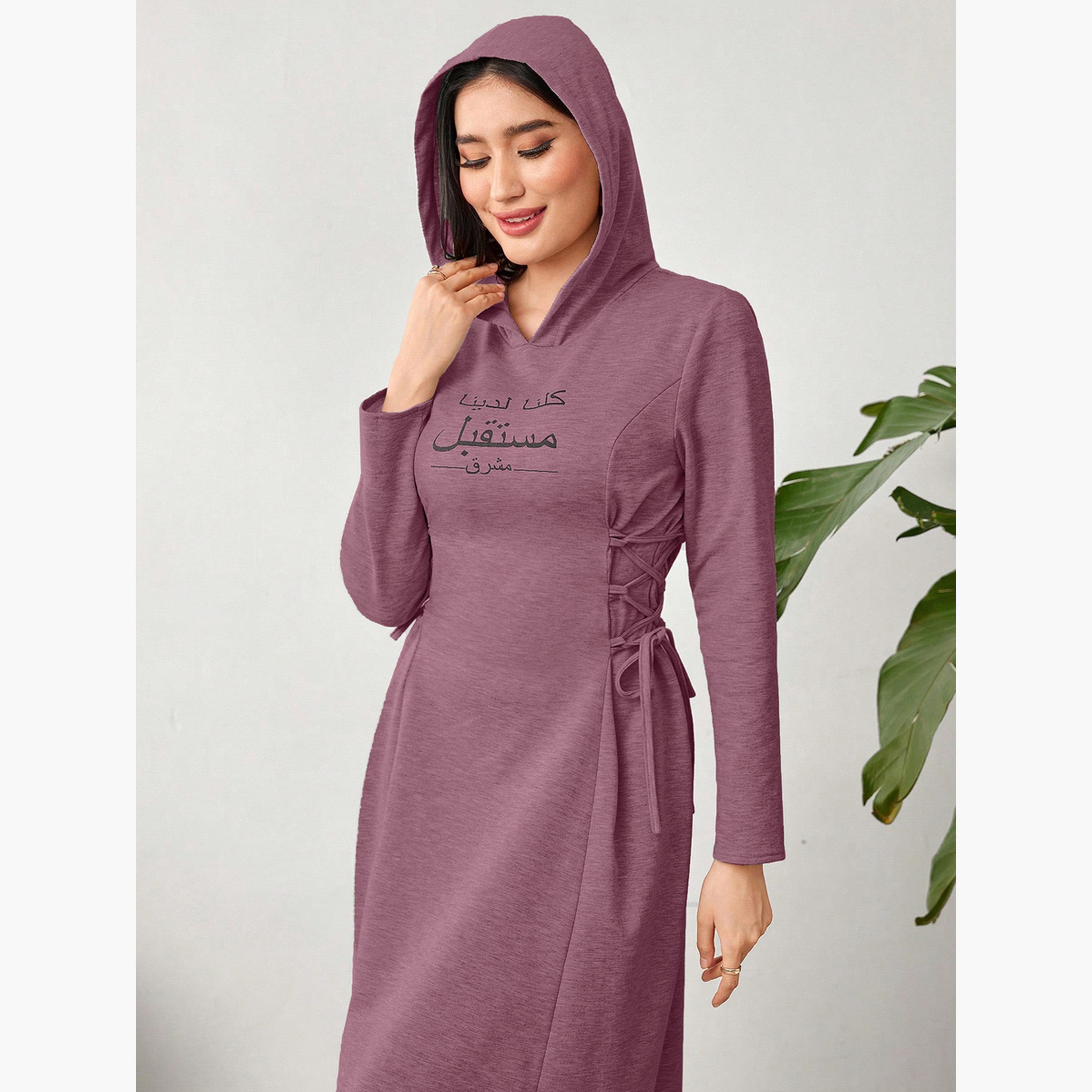 Take Two Purple Hooded Midi Dress with Tie-Up Detail-women-clothing-dresses-image-2