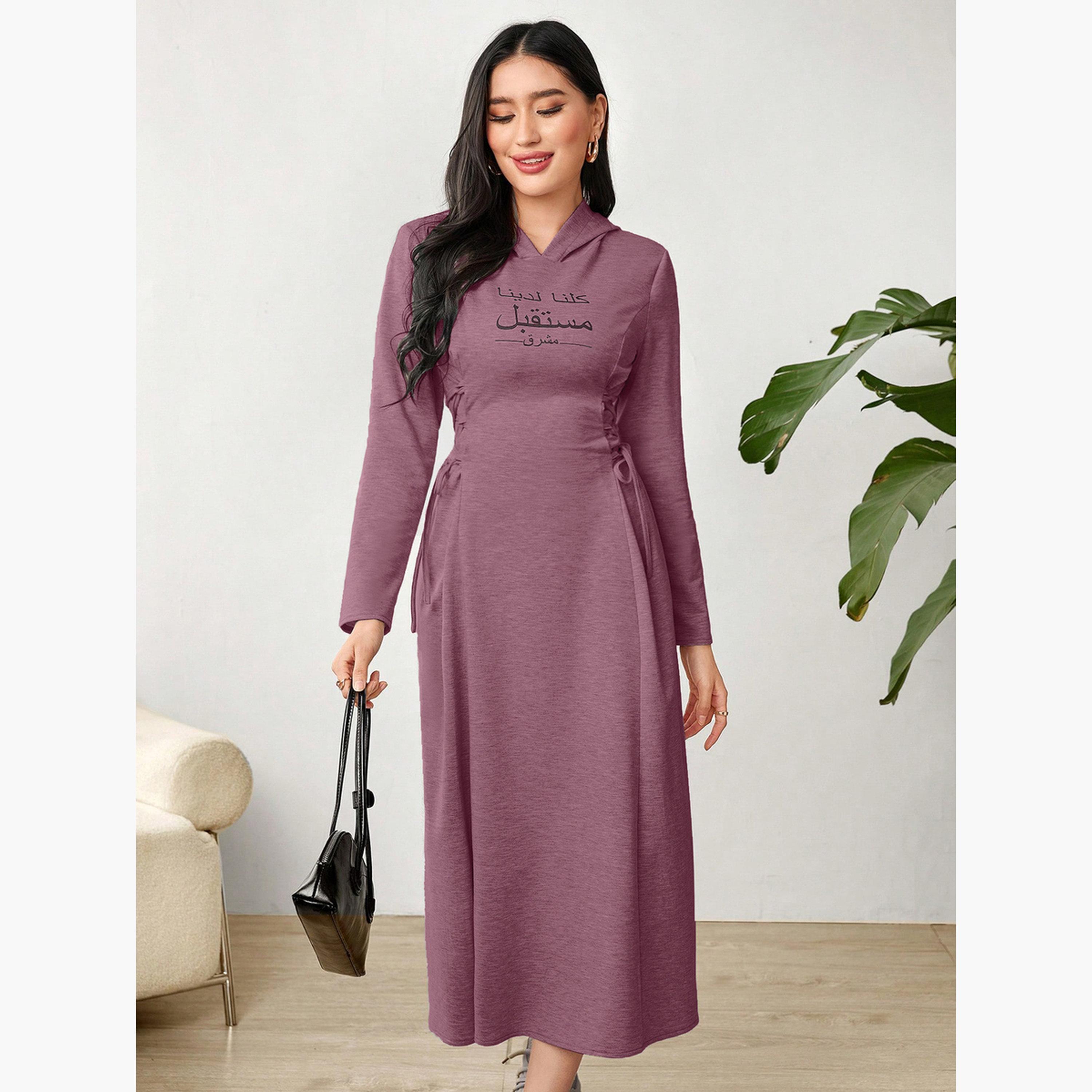 تيك تو - فستان أرجواني متوسط ​​الطول بغطاء رأس وتفاصيل رباط-women-clothing-dresses-image-3