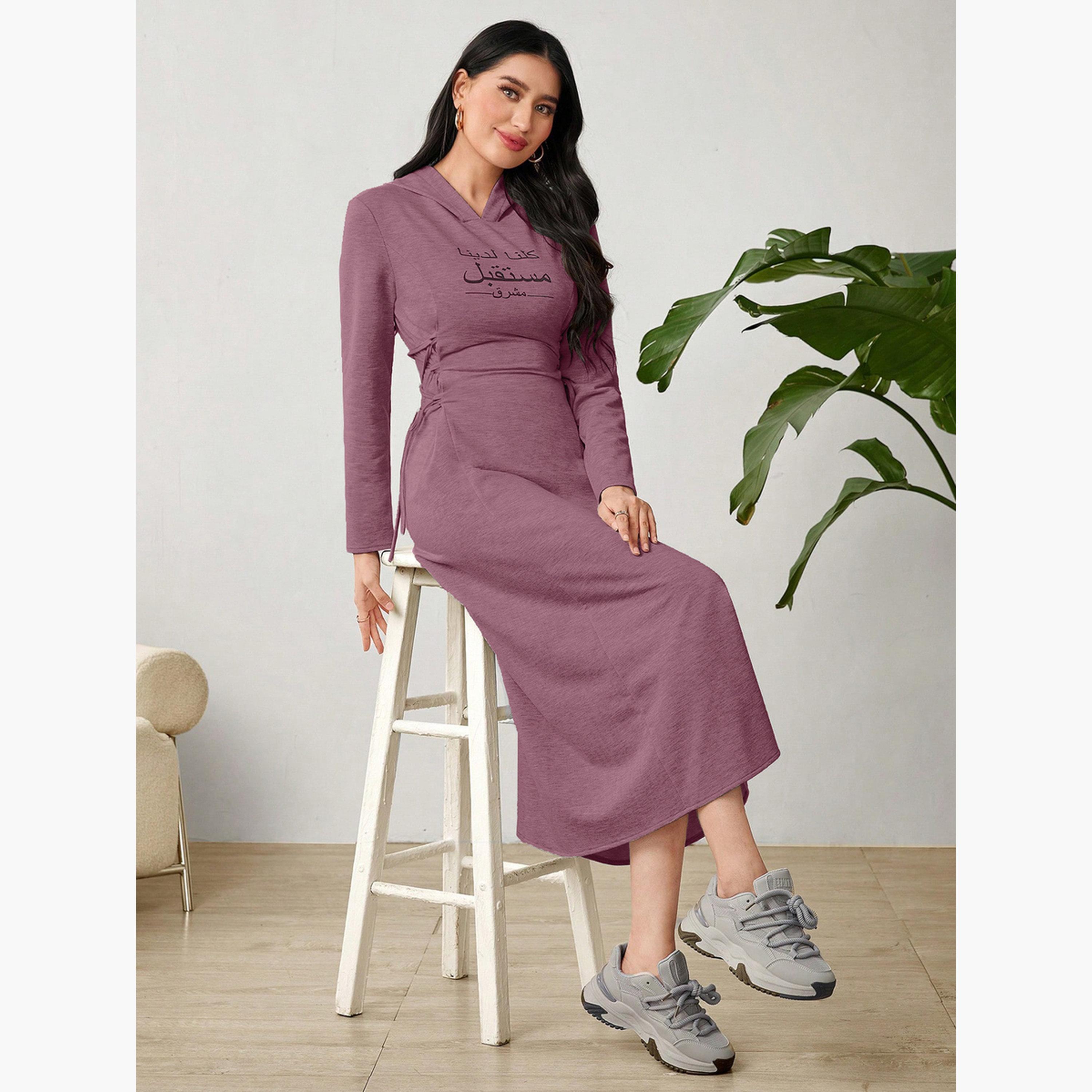 تيك تو - فستان أرجواني متوسط ​​الطول بغطاء رأس وتفاصيل رباط-women-clothing-dresses-image-4