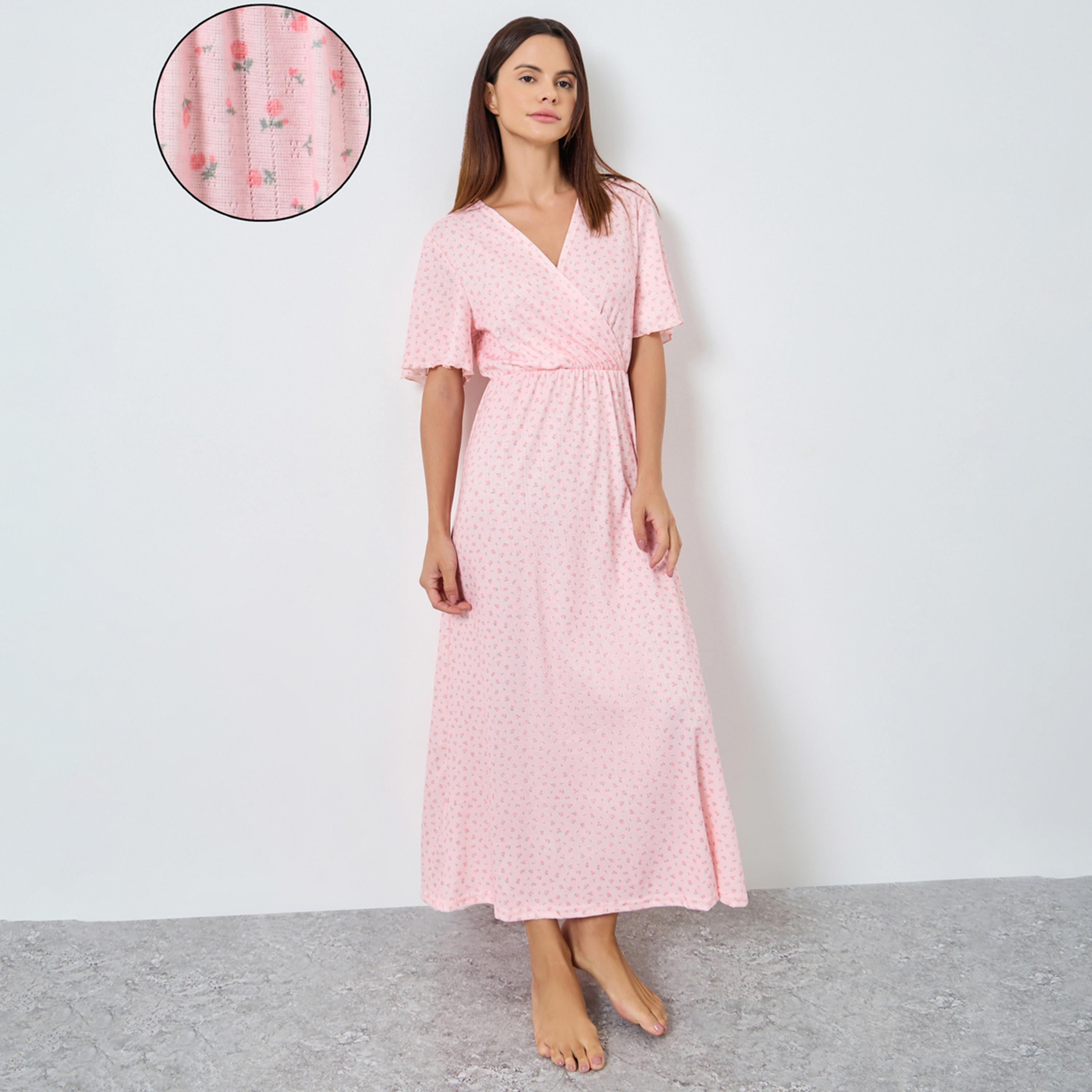 Styli Ditsy Floral Print Pointelle Wrapover Nightdress-women-clothing-nightwear-nighties-image-1