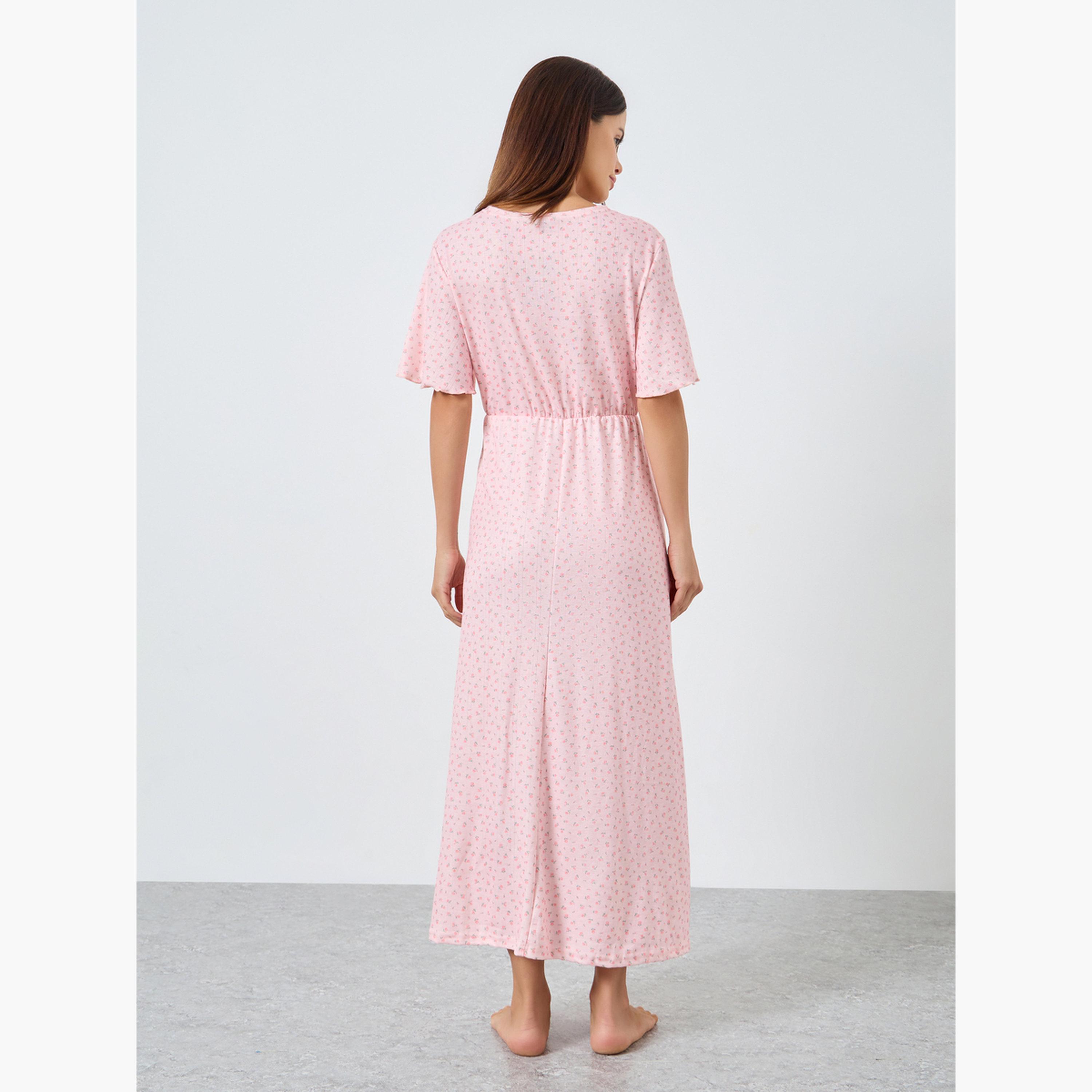 Styli Ditsy Floral Print Pointelle Wrapover Nightdress-women-clothing-nightwear-nighties-image-3