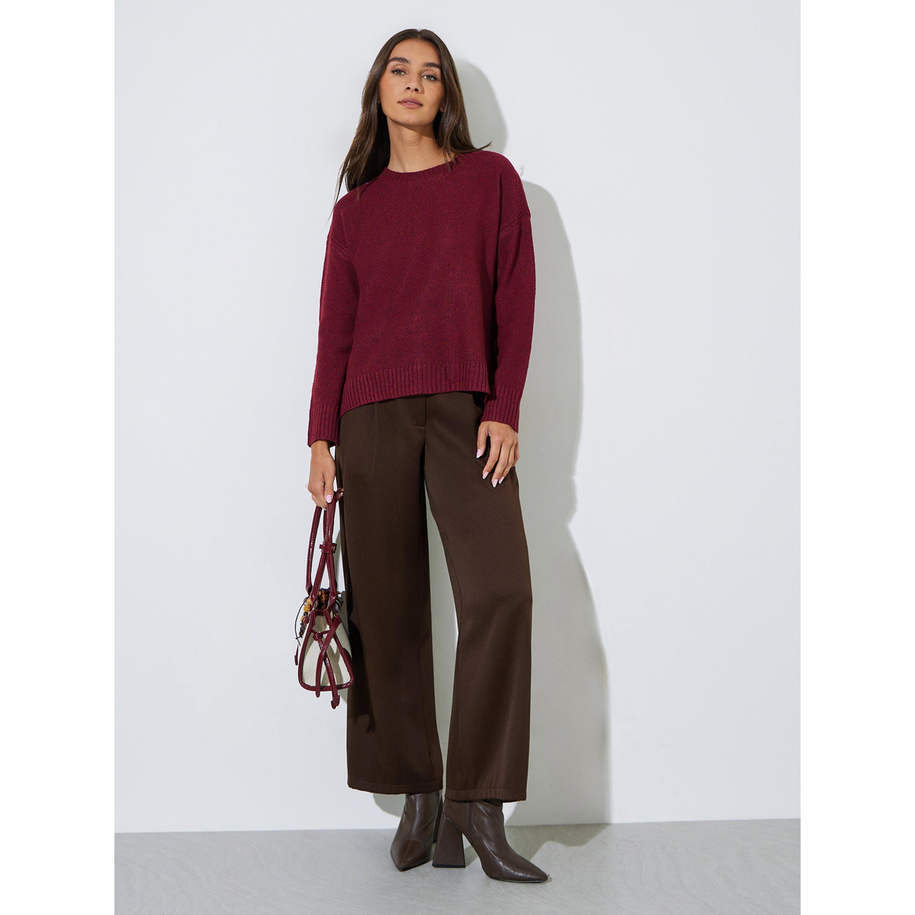 Styli Burgundy Boxy Fit Knit Sweater-women-winterwear-cardigansandjumpers-jumpers-image-2