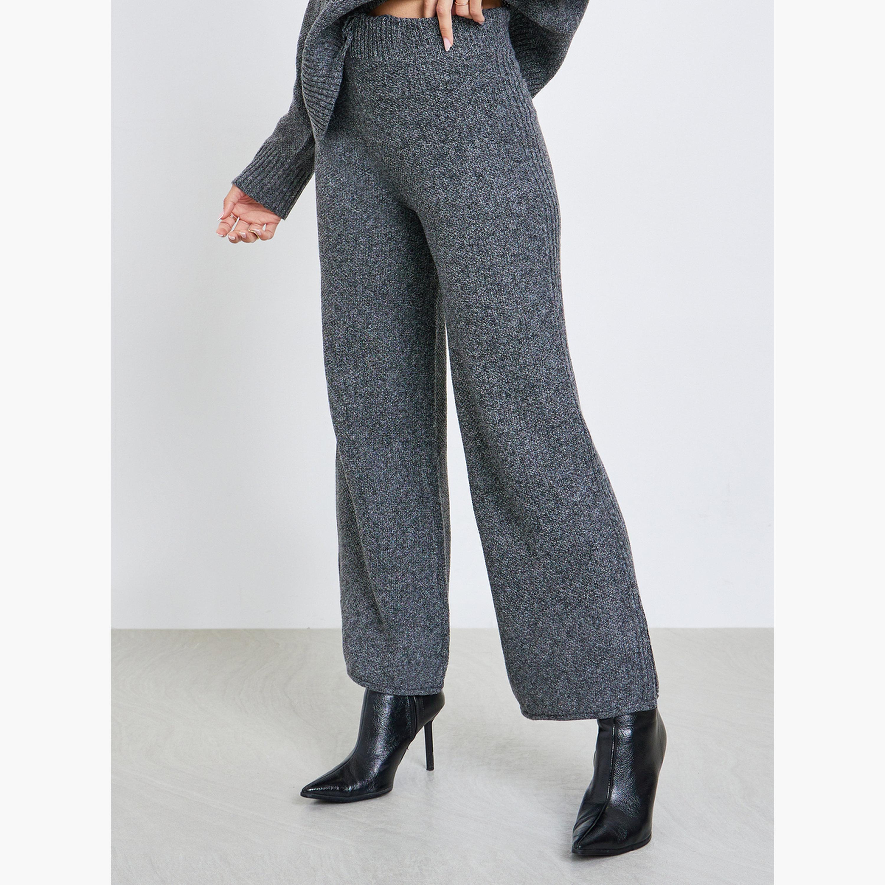 ستايلي - بنطال رمادي داكن واسع الساق محبوك ومسطح للنساء-women-clothing-bottoms-trousers-image-1