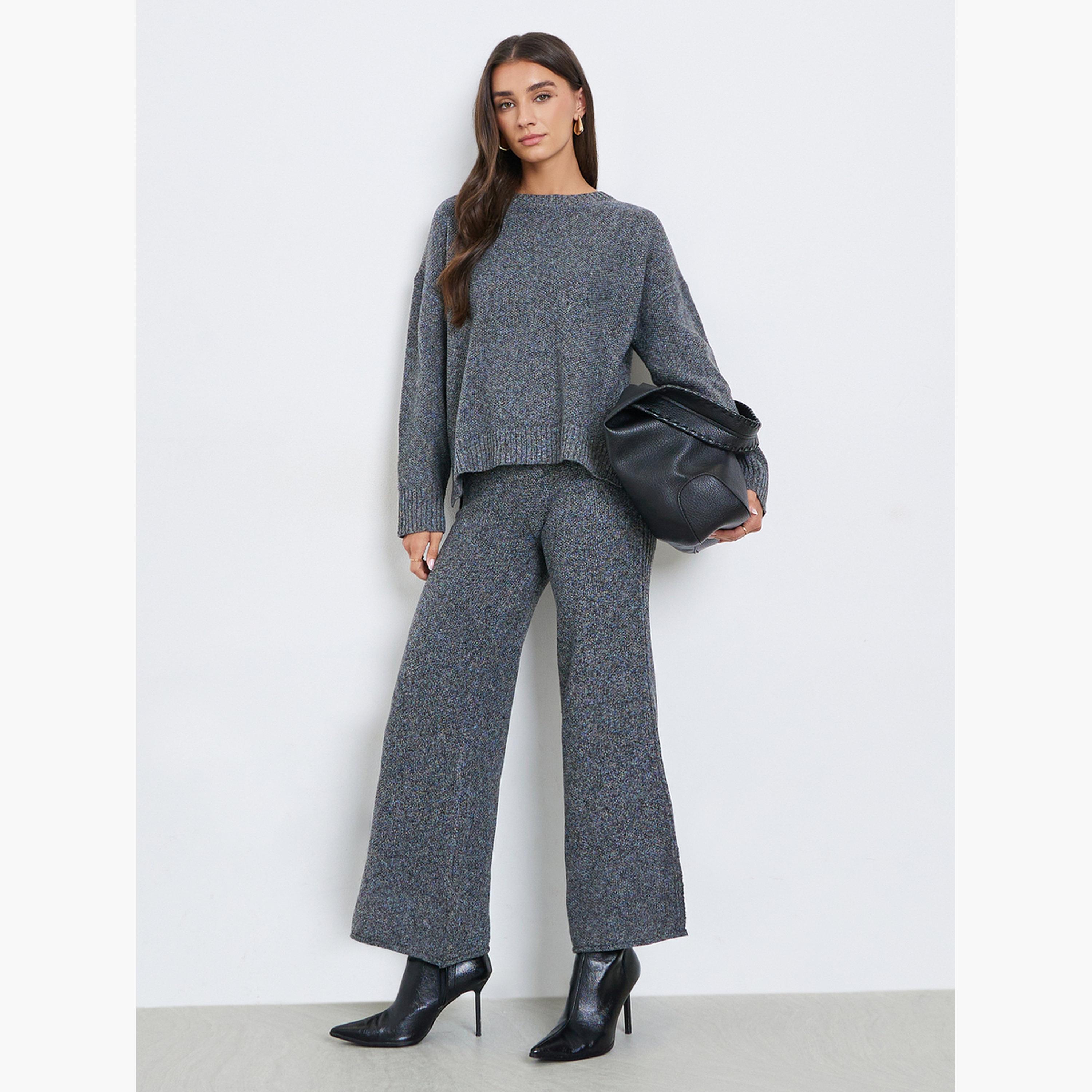 ستايلي - بنطال رمادي داكن واسع الساق محبوك ومسطح للنساء-women-clothing-bottoms-trousers-image-2