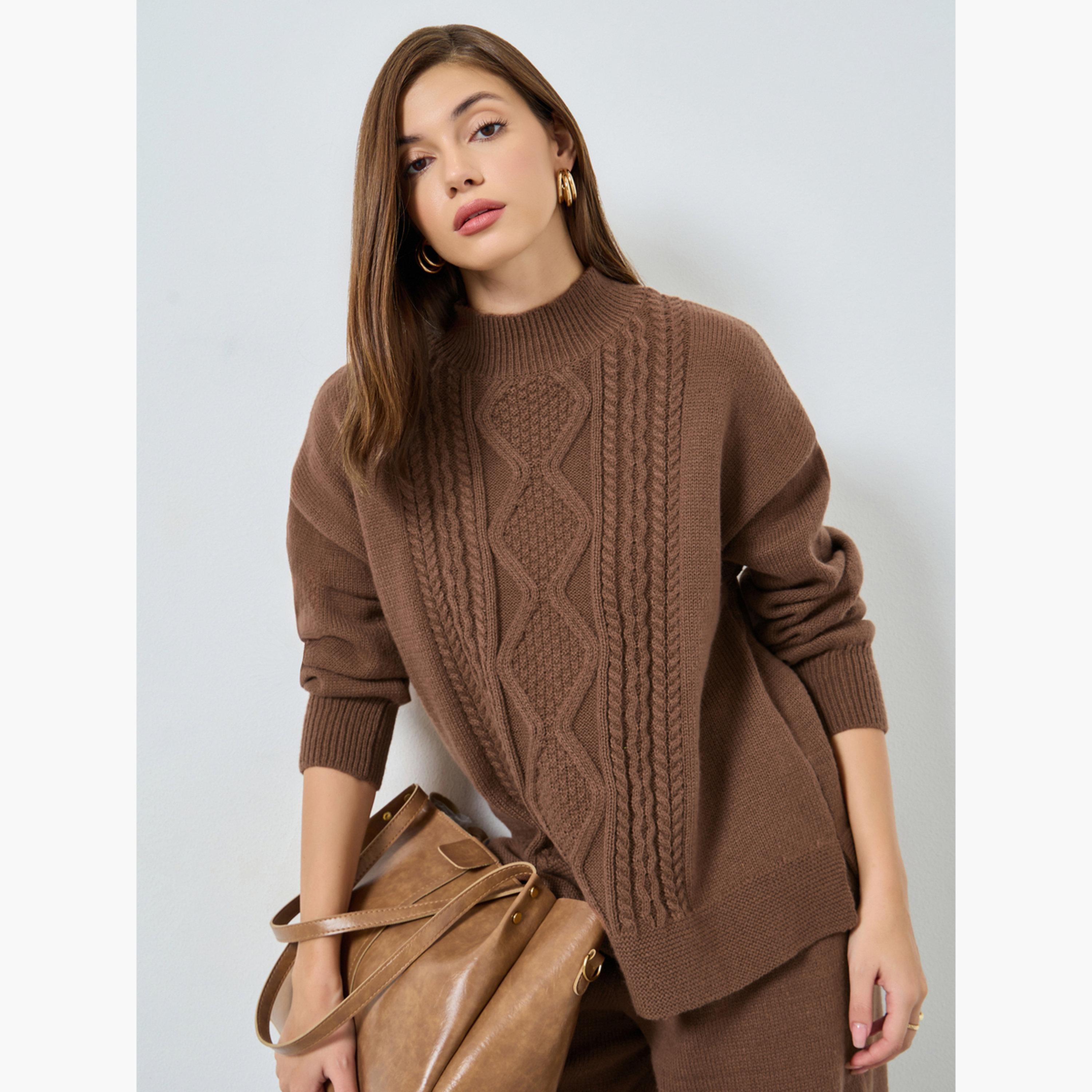 ستايلي - سترة بنية اللون بقصّة عادية نسيج الكابل للنساء -women-clothing-cardigansandjumpers-jumpers-image-1