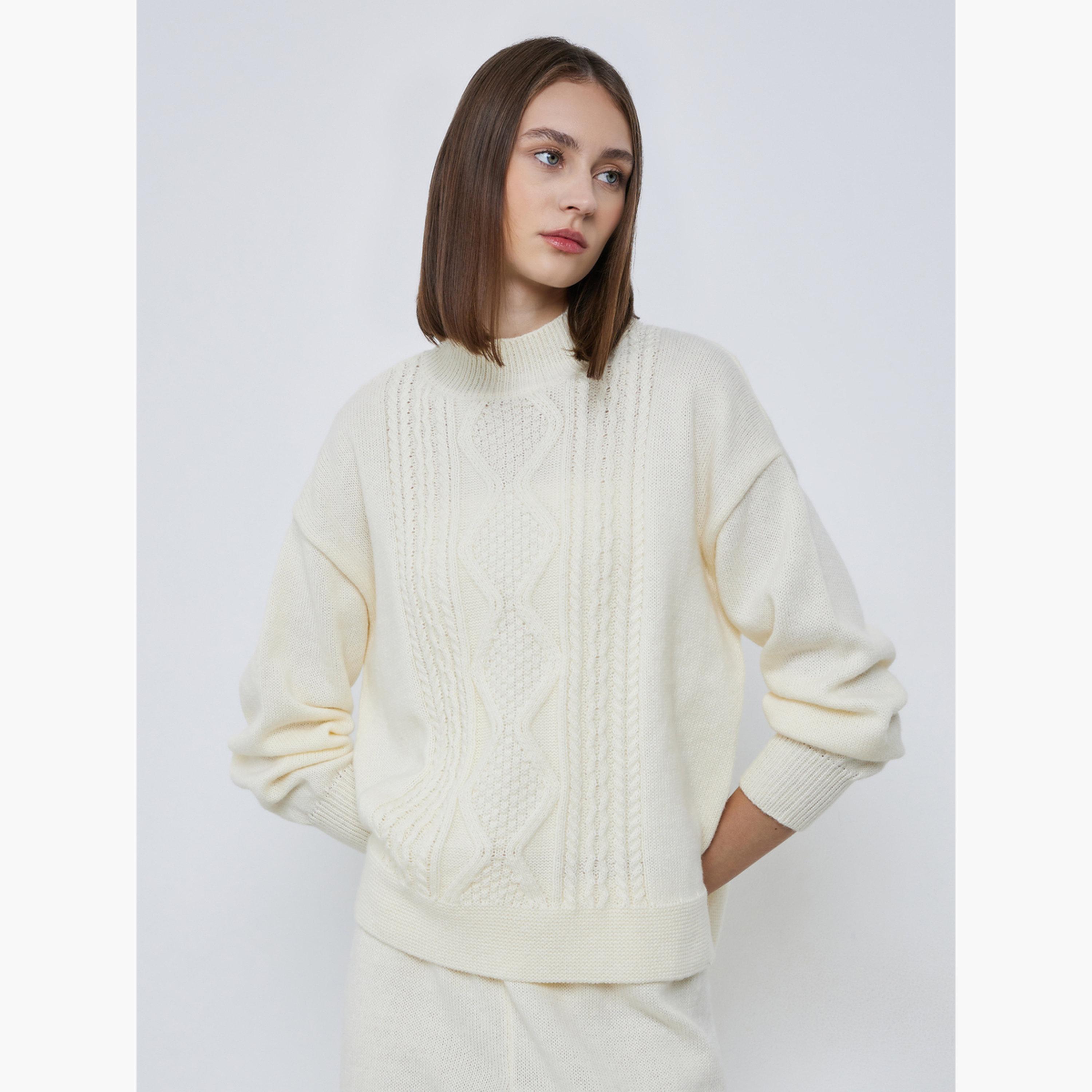 Styli Off-White Cable Knit Regular Fit High Neck Long Sleeves Women's Sweater-women-winterwear-cardigansandjumpers-jumpers-image-1