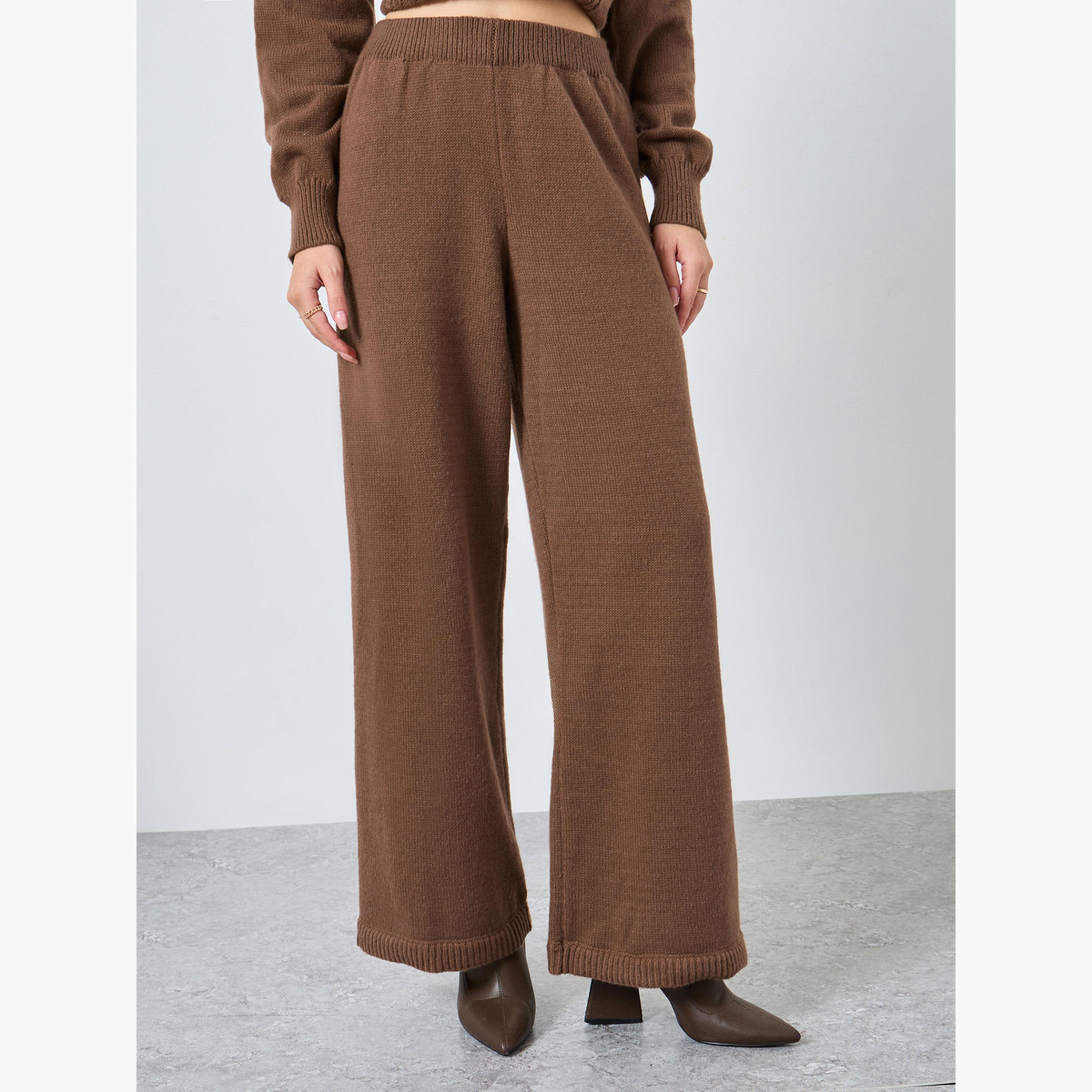 ستايلي - بنطال بني سادة واسع الساق نسيج محبوك مسطح للنساء-women-clothing-bottoms-trousers-image-1
