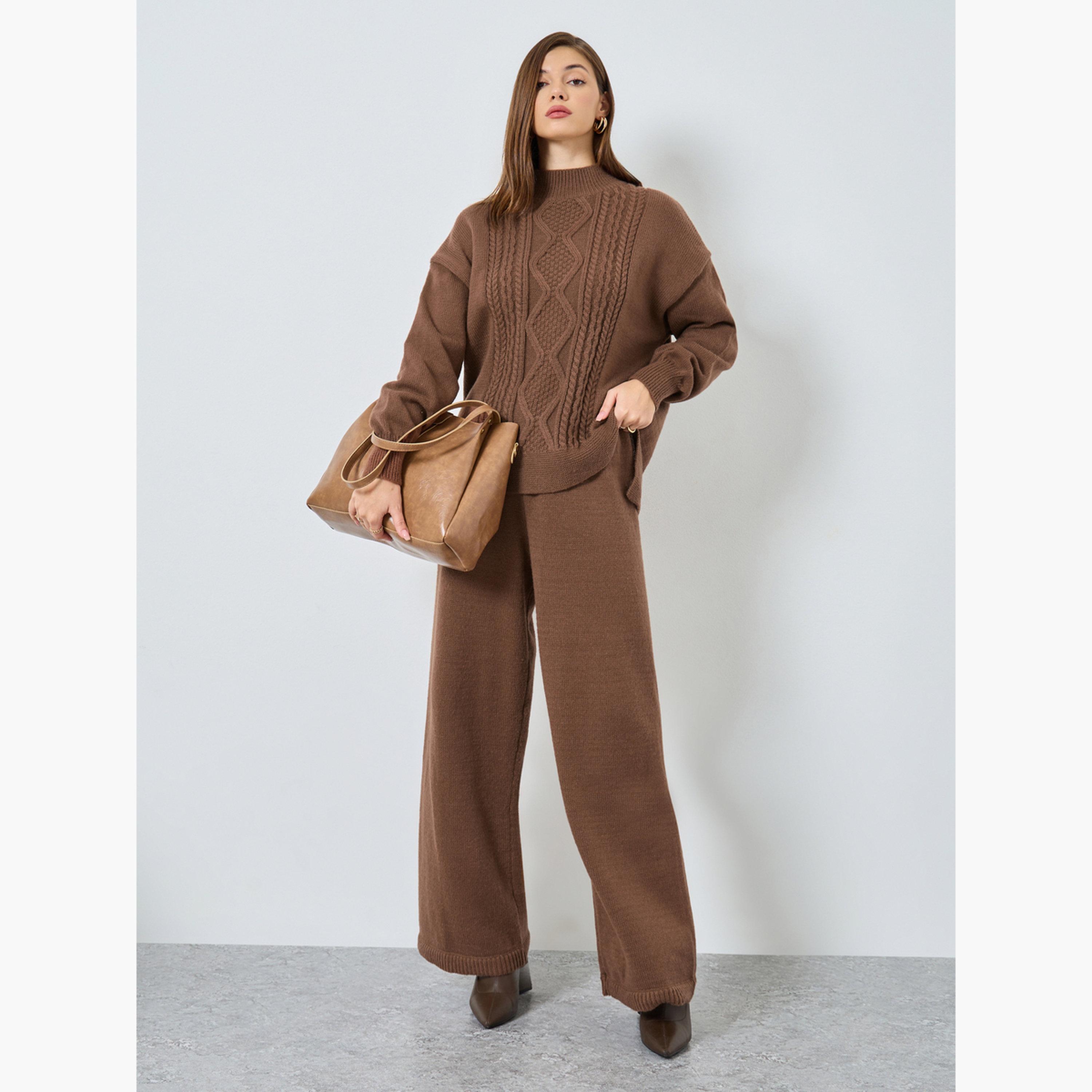 ستايلي - بنطال بني سادة واسع الساق نسيج محبوك مسطح للنساء-women-clothing-bottoms-trousers-image-2