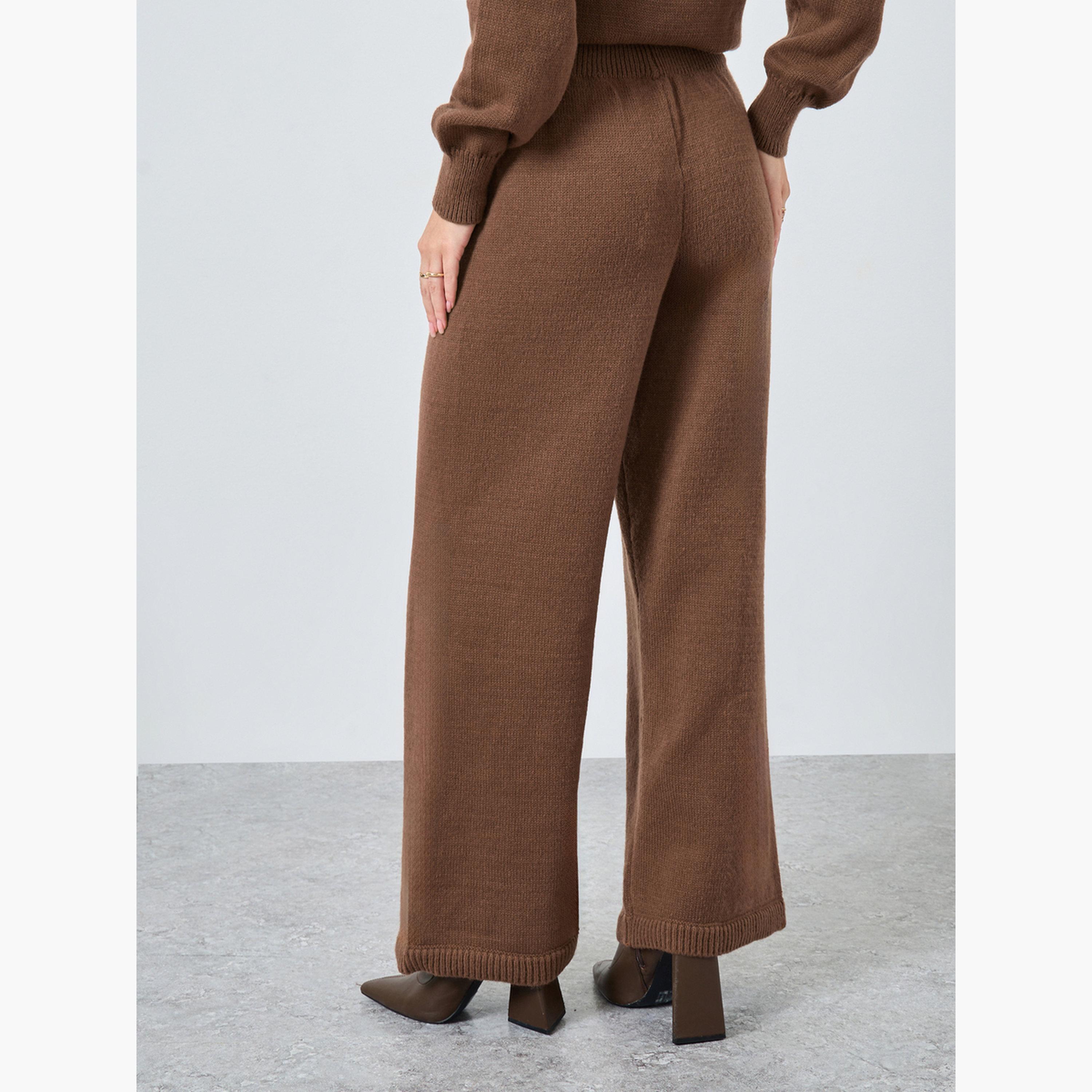 ستايلي - بنطال بني سادة واسع الساق نسيج محبوك مسطح للنساء-women-clothing-bottoms-trousers-image-4