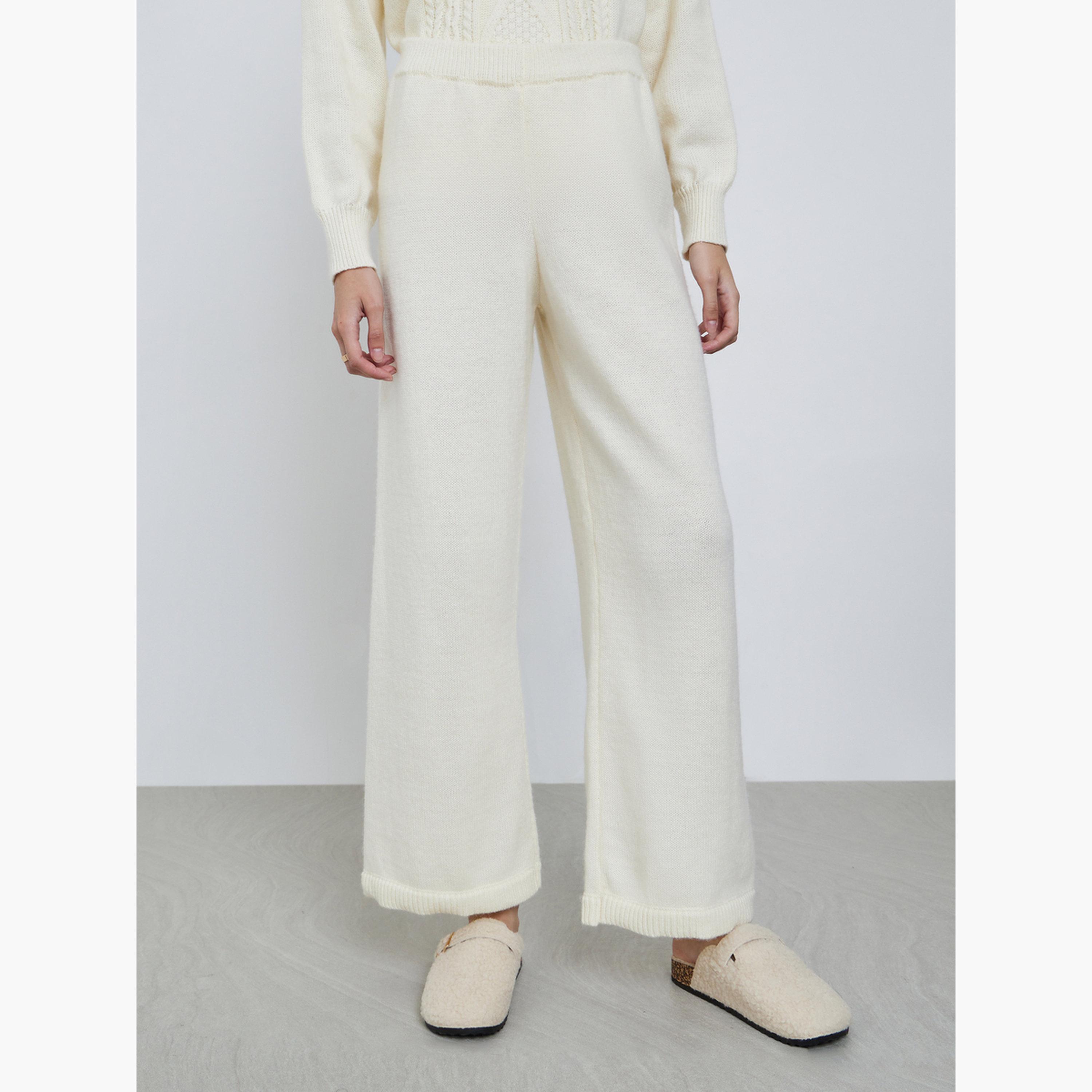 Styli Women Off White Plain Flat Knit Wide Leg Pants-women-clothing-bottoms-trousers-image-1