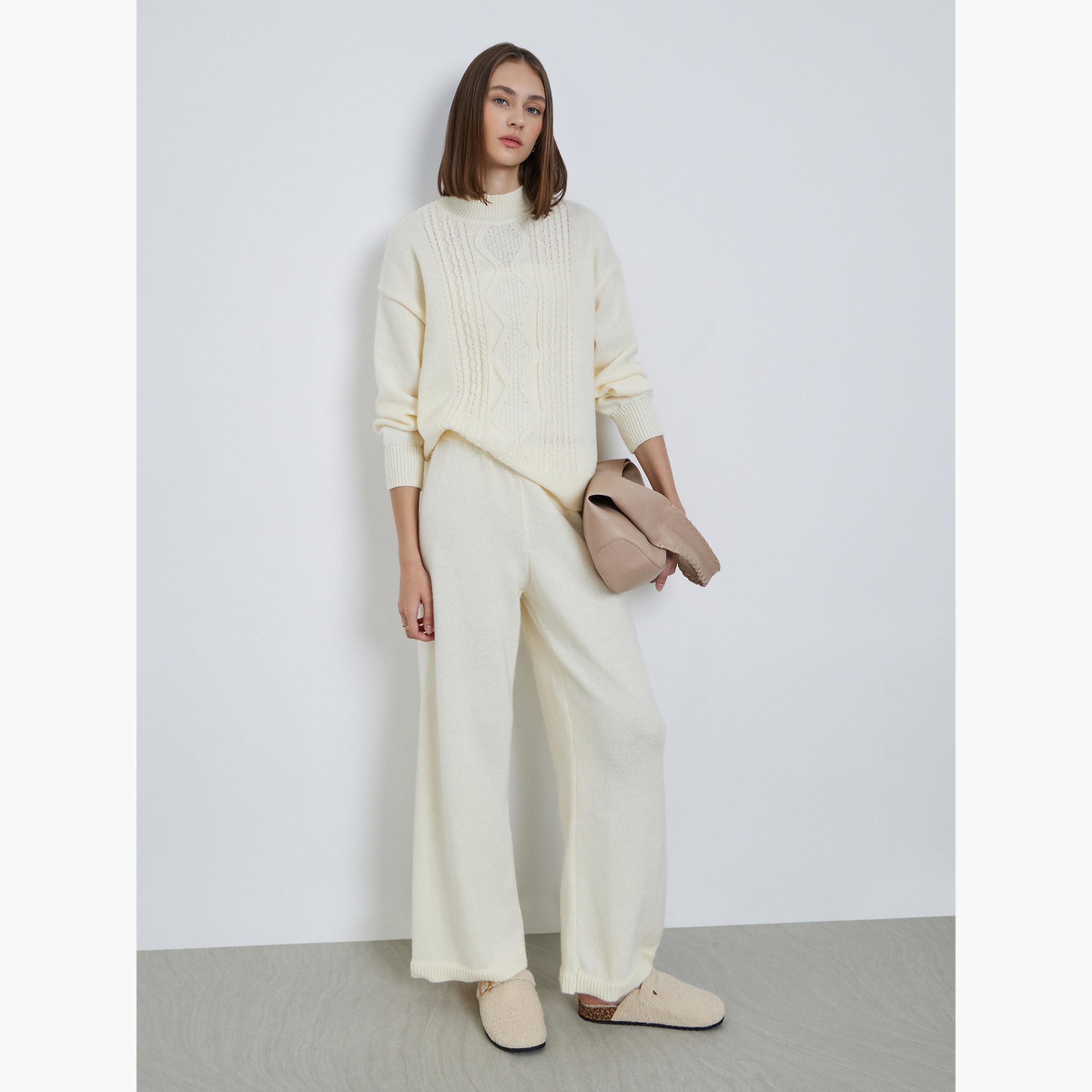 Styli Women Off White Plain Flat Knit Wide Leg Pants-women-clothing-bottoms-trousers-image-2