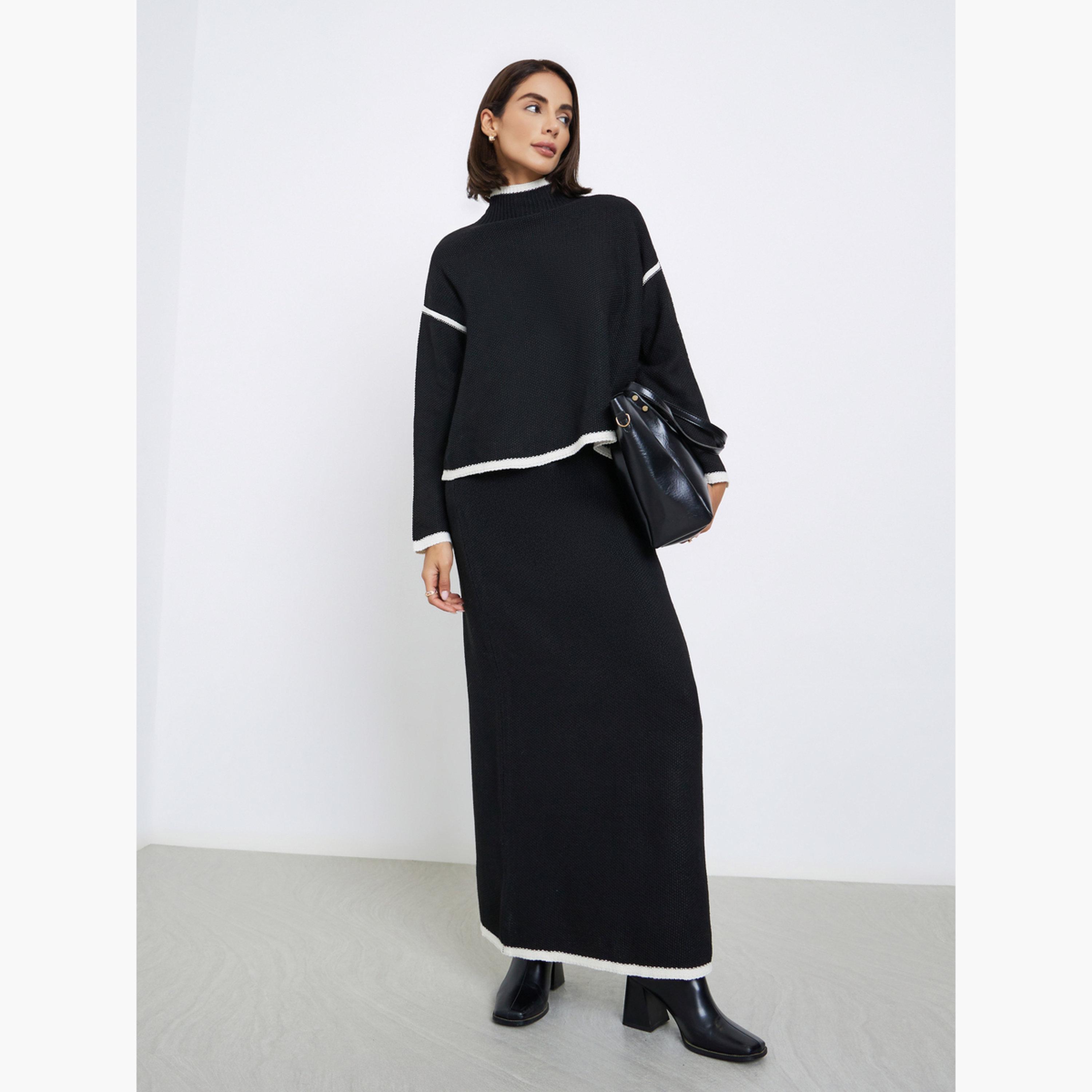 Styli Women Black Contrast Trim Flat Knit Column Skirt-women-clothing-bottoms-skirts-image-2