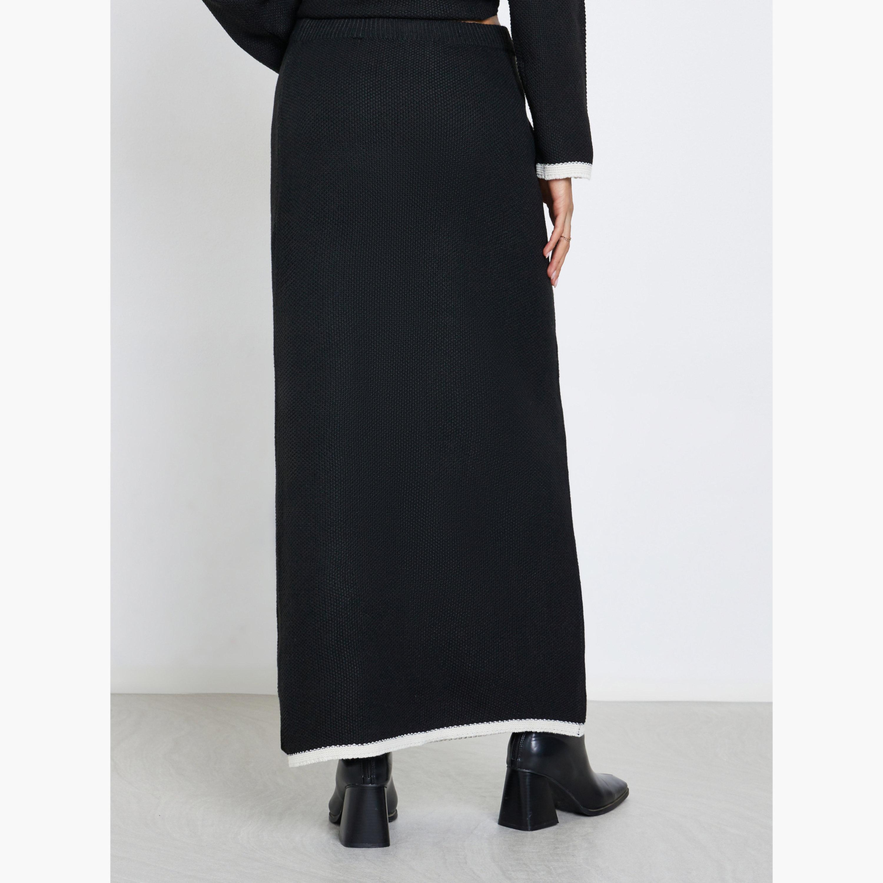 Styli Women Black Contrast Trim Flat Knit Column Skirt-women-clothing-bottoms-skirts-image-4