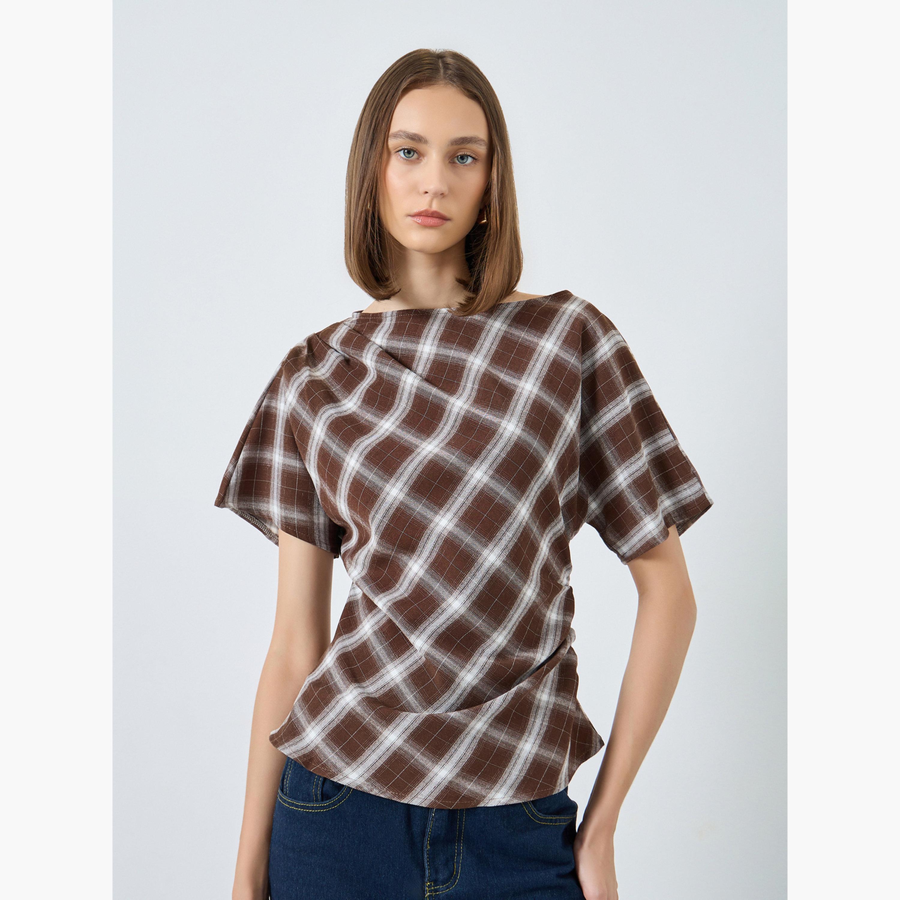 ستايلي - بلوزة منقوشة بثنيات للنساء-women-clothing-shirtsandblouses-blouses-image-1