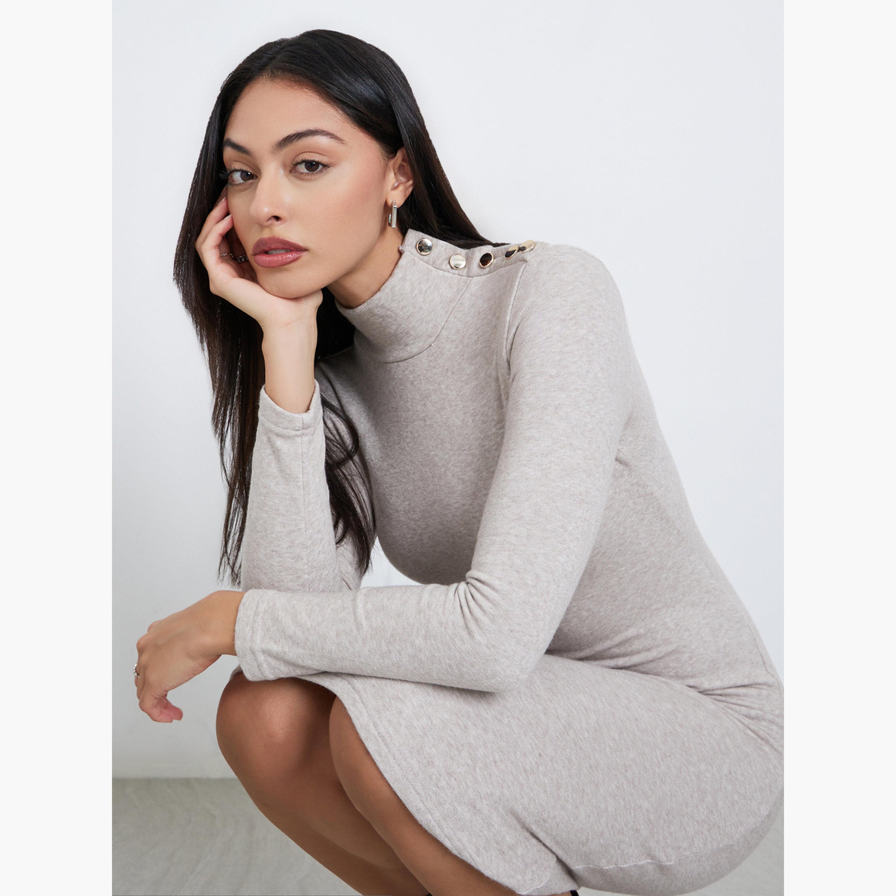 ستايلي - فستان متوسط ​​الطول ضيق لون بيج مع تفاصيل أزرار-women-clothing-dresses-image-2