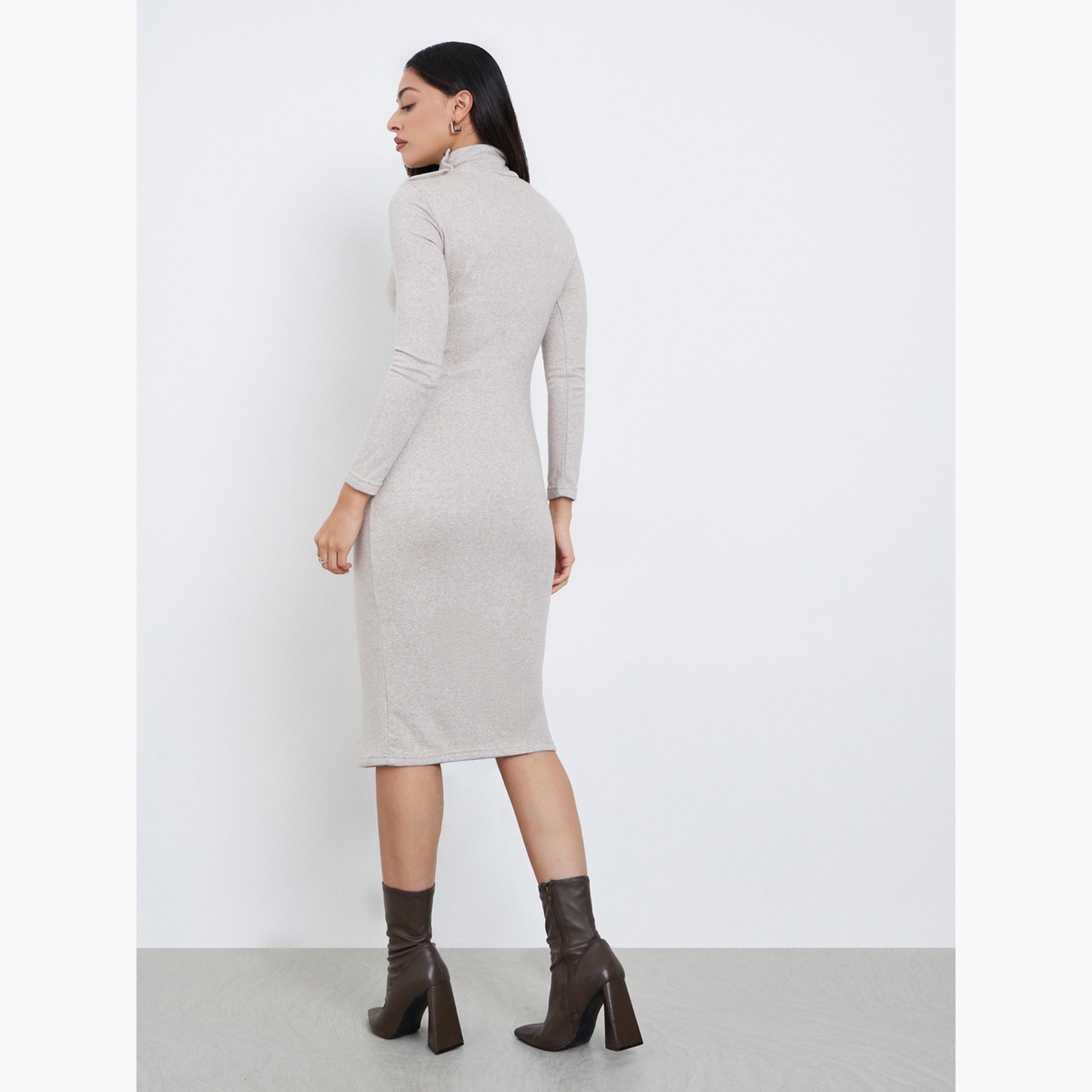 ستايلي - فستان متوسط ​​الطول ضيق لون بيج مع تفاصيل أزرار-women-clothing-dresses-image-5