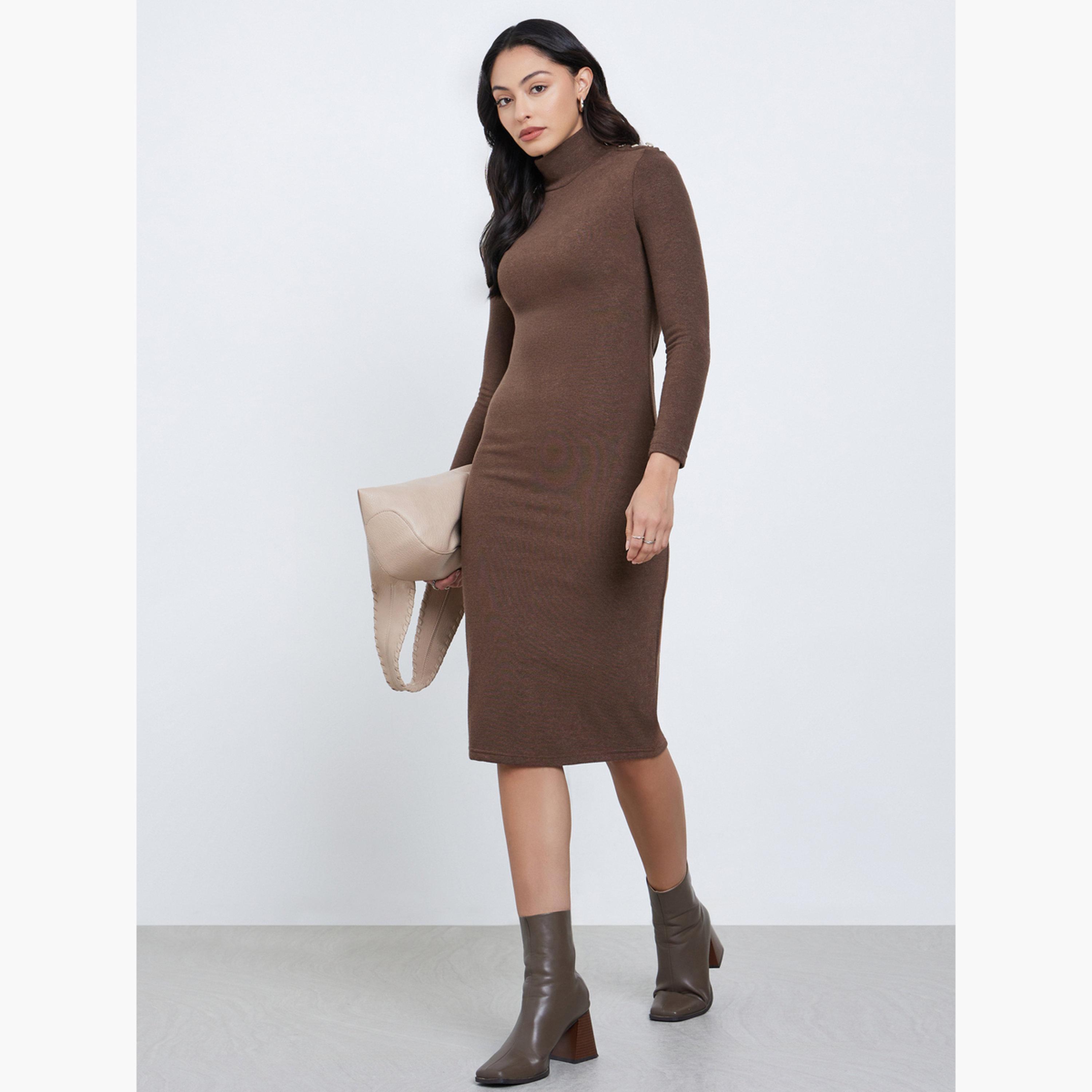 ستايلي - فستان بني ضيق متوسط ​​الطول مع تفاصيل أزرار-women-clothing-dresses-image-2