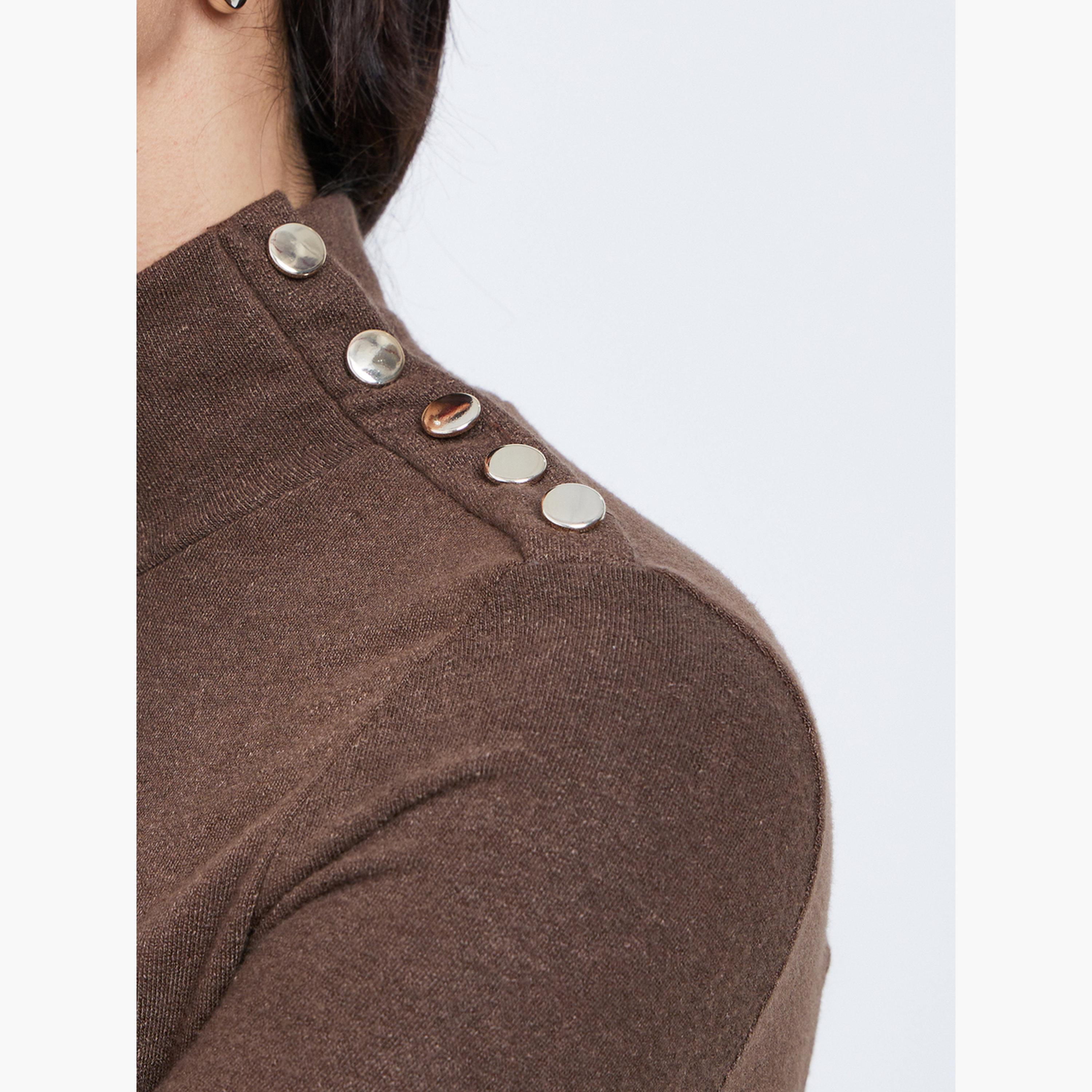 ستايلي - فستان بني ضيق متوسط ​​الطول مع تفاصيل أزرار-women-clothing-dresses-image-3