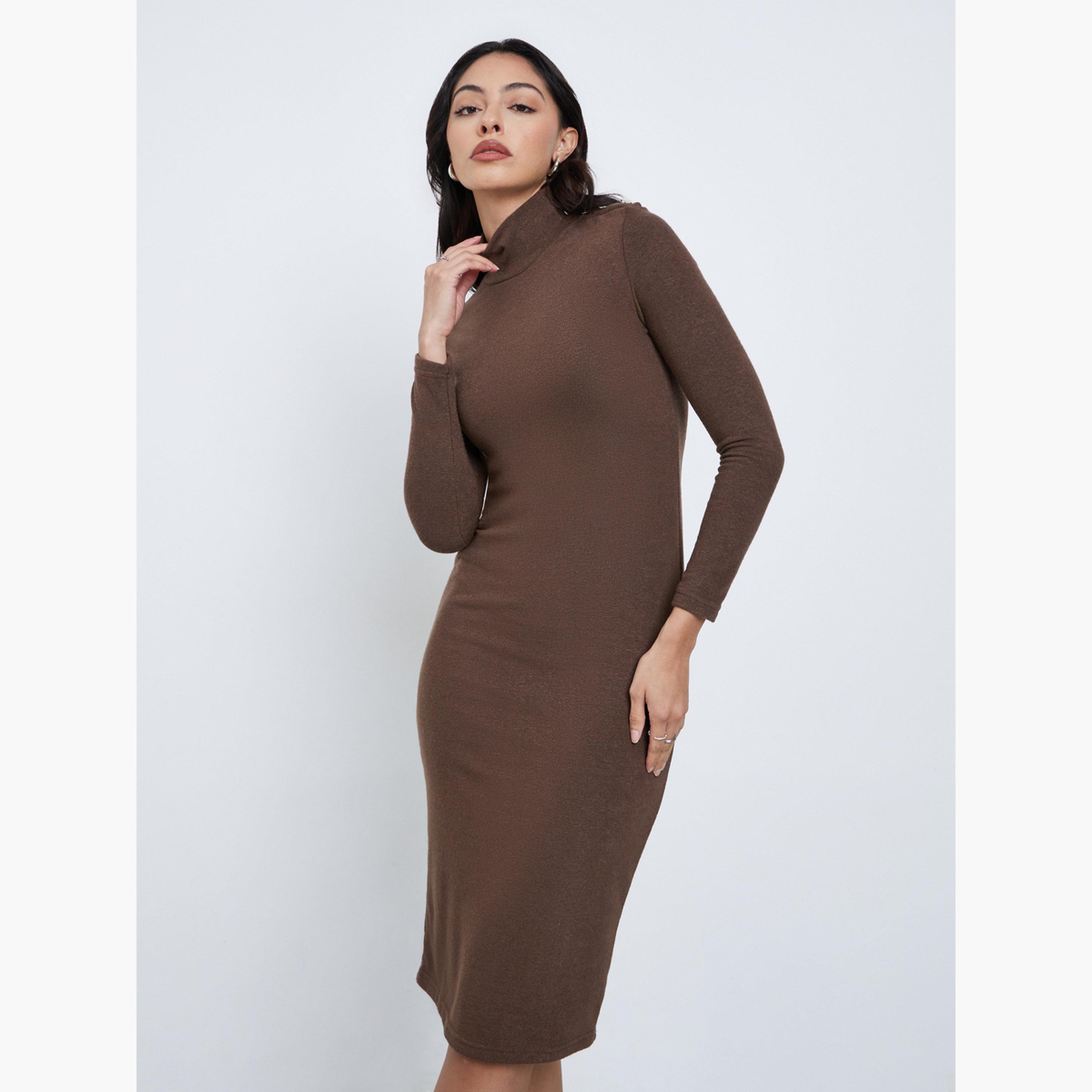 ستايلي - فستان بني ضيق متوسط ​​الطول مع تفاصيل أزرار-women-clothing-dresses-image-4