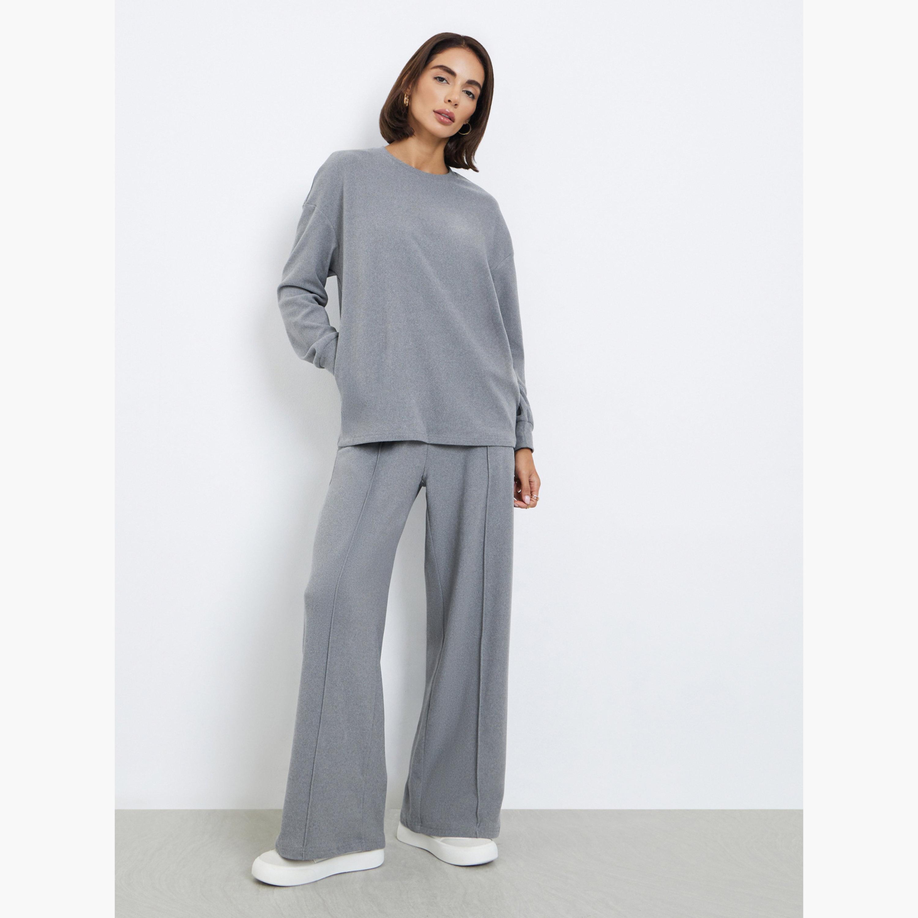 ستايلي - بنطال رياضي نسائي رمادي سادة واسع الساق-women-clothing-bottoms-joggers-image-2