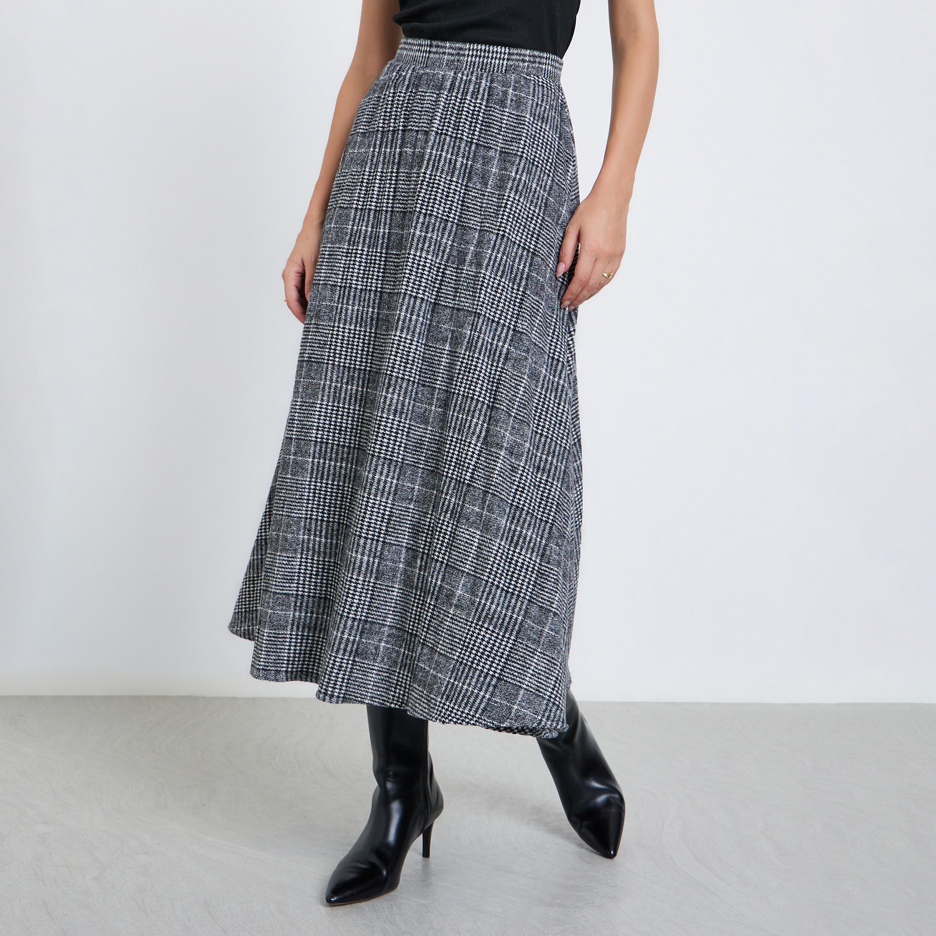 Styli Checked Pleated A-Line Midi Skirt-women-clothing-bottoms-skirts-image-1