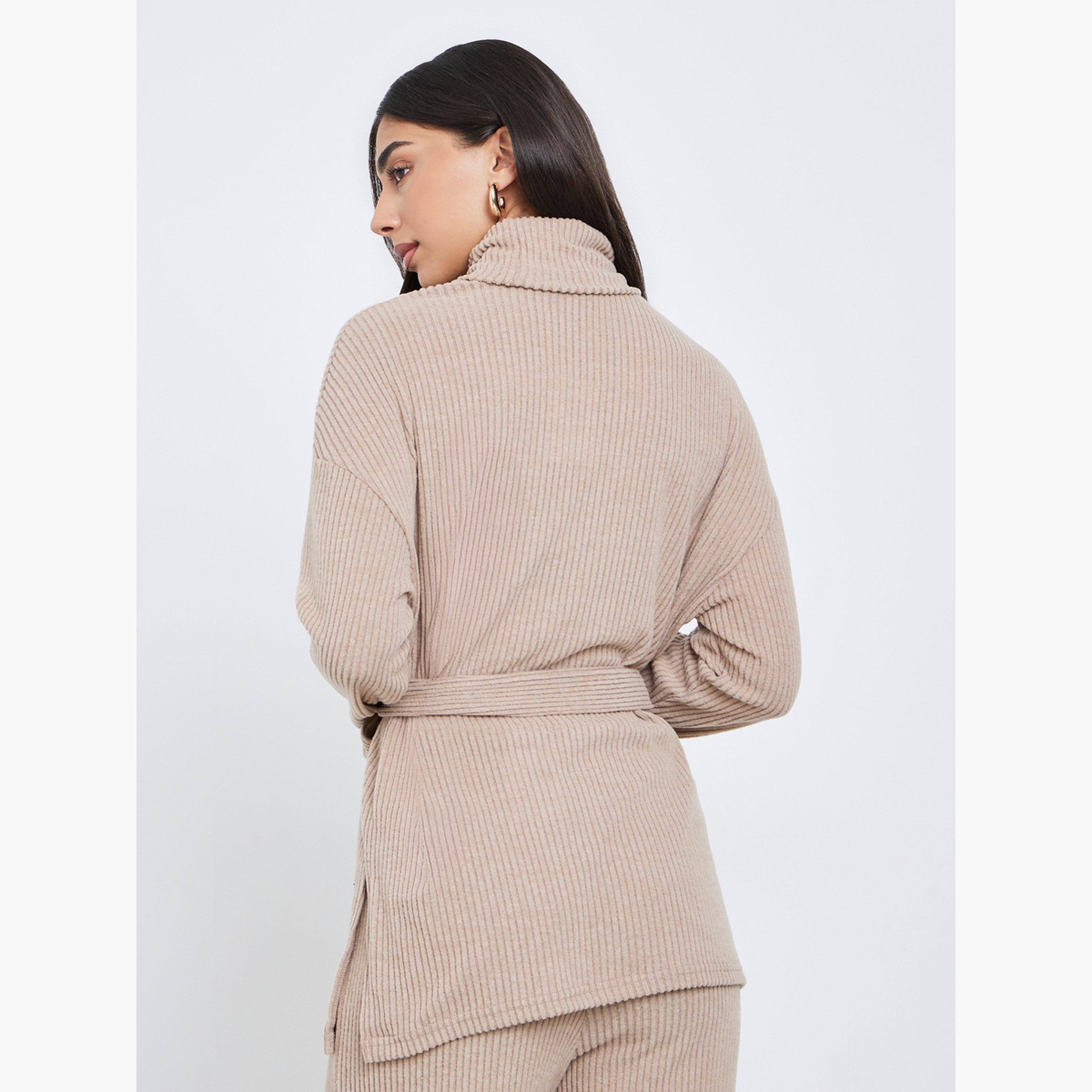 ستايلي - بلوزة بيج مضلعة طويلة الرقبة مع حزام من القماش-women-winterwear-cardigansandjumpers-jumpers-image-5