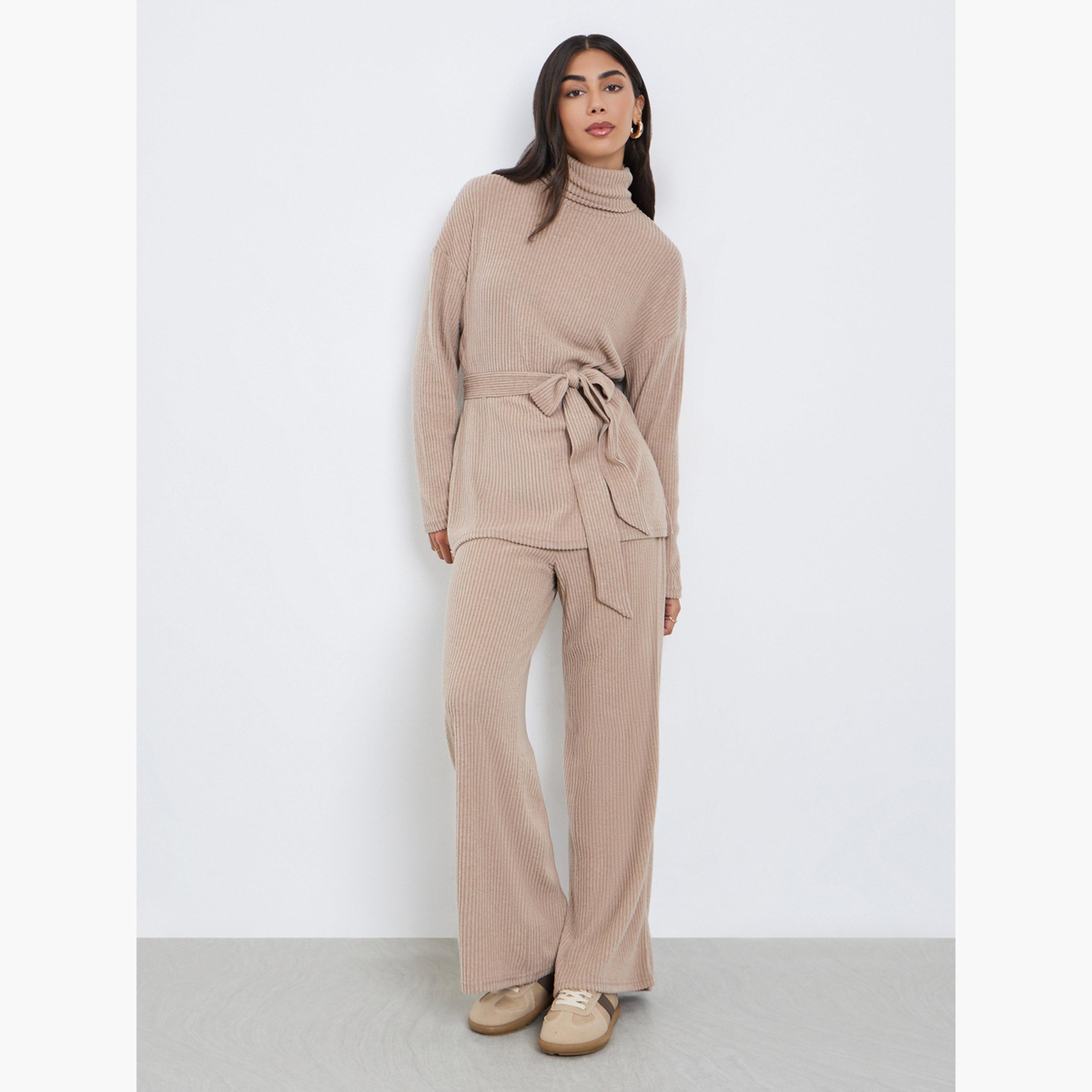 ستايلي - بنطال نسائي بيج محبوك واسع الساق-women-clothing-bottoms-trousers-image-2