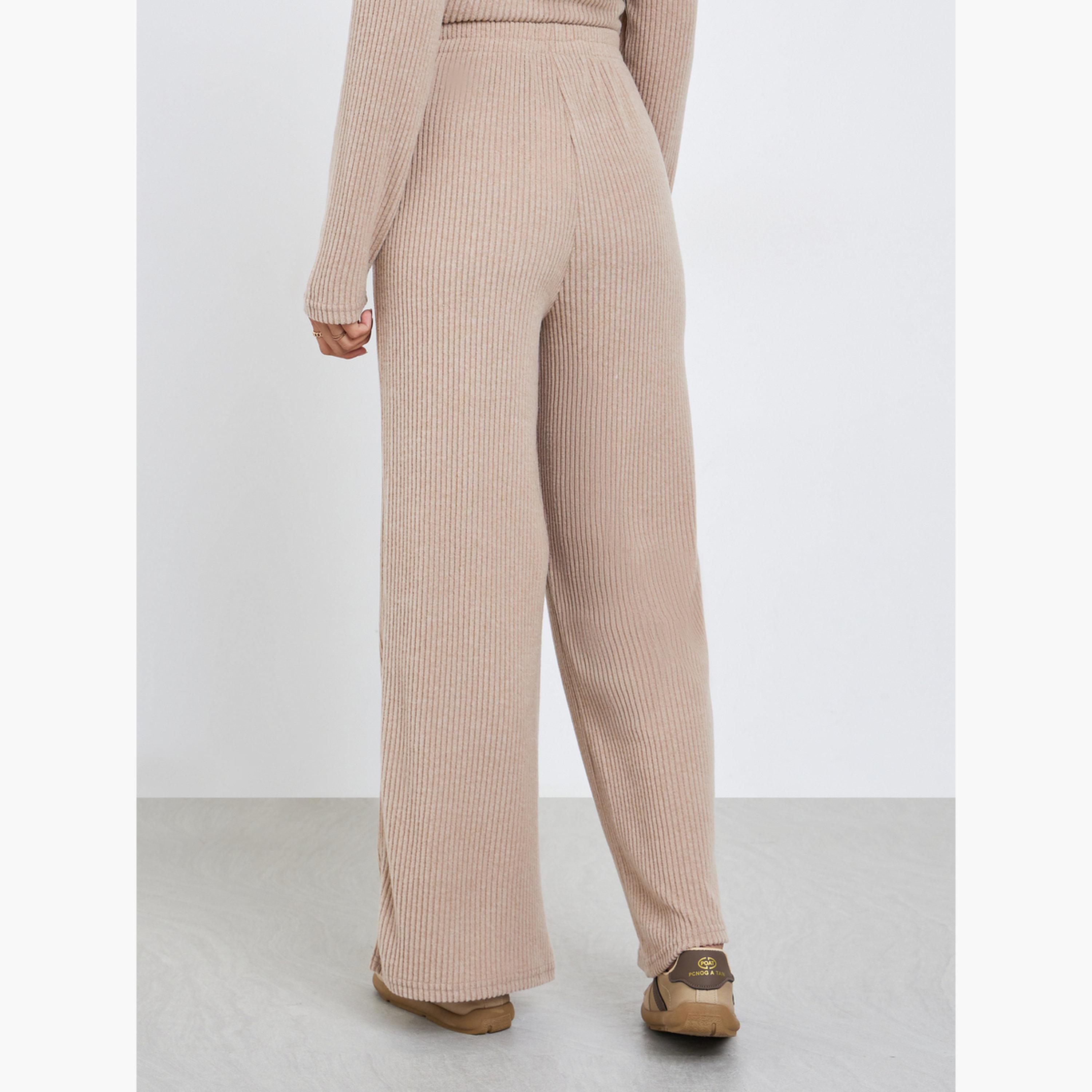 Styli Women Beige Ribbed Wide Leg Knit Pants-women-clothing-bottoms-trousers-image-4