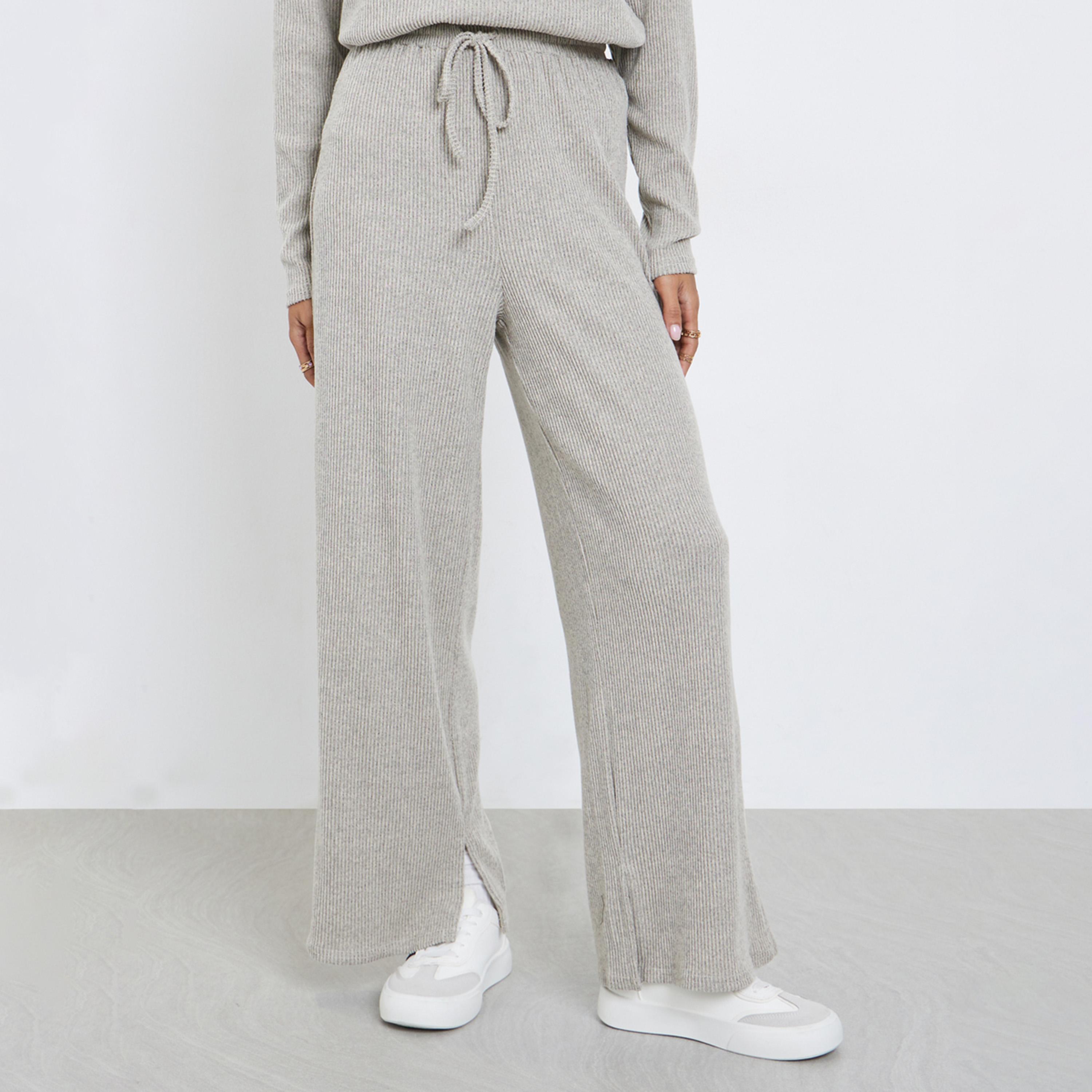 ستايلي - بنطال رمادي نسائي واسع الساق محبوك ومضلع-women-clothing-bottoms-trousers-image-1