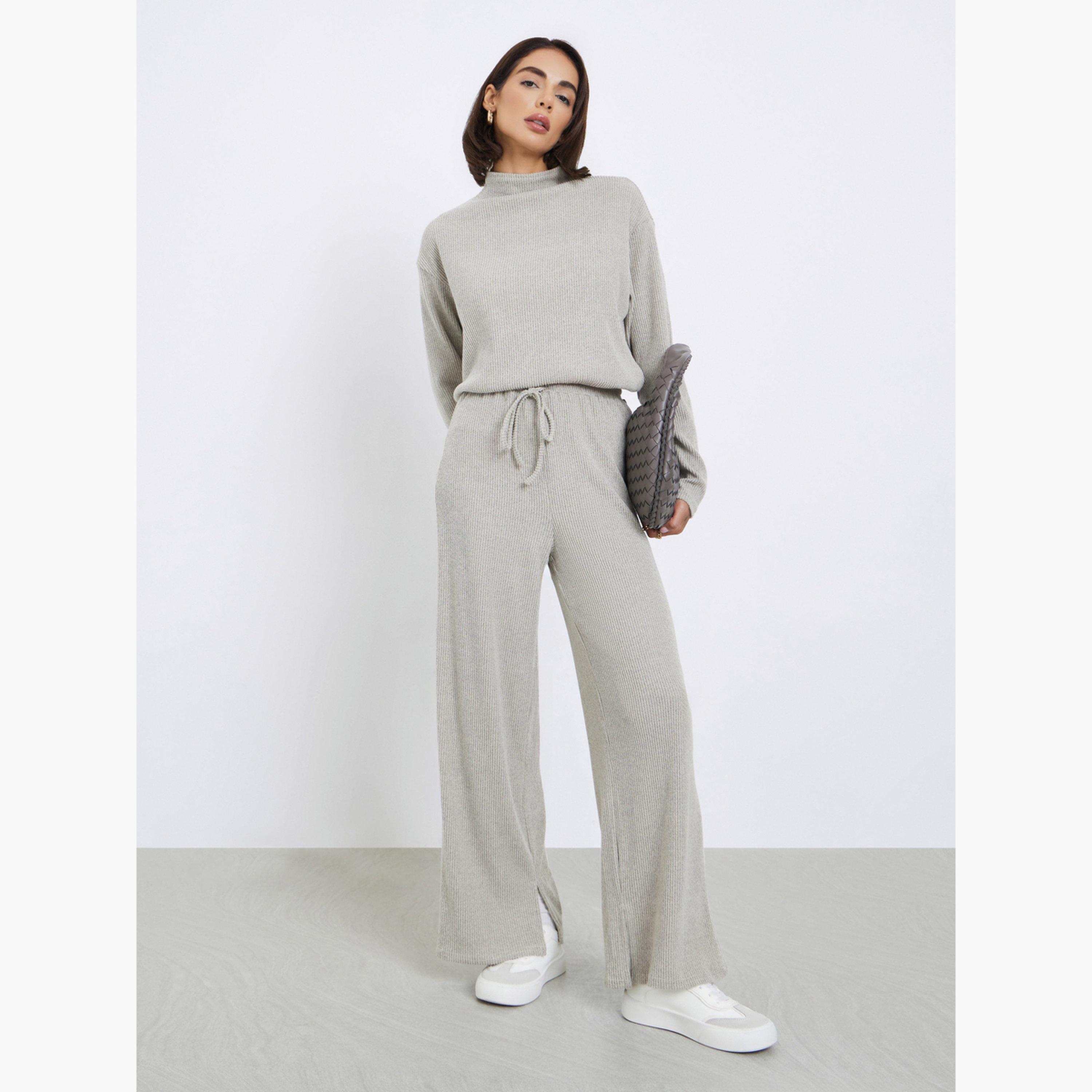 ستايلي - بنطال رمادي نسائي واسع الساق محبوك ومضلع-women-clothing-bottoms-trousers-image-2